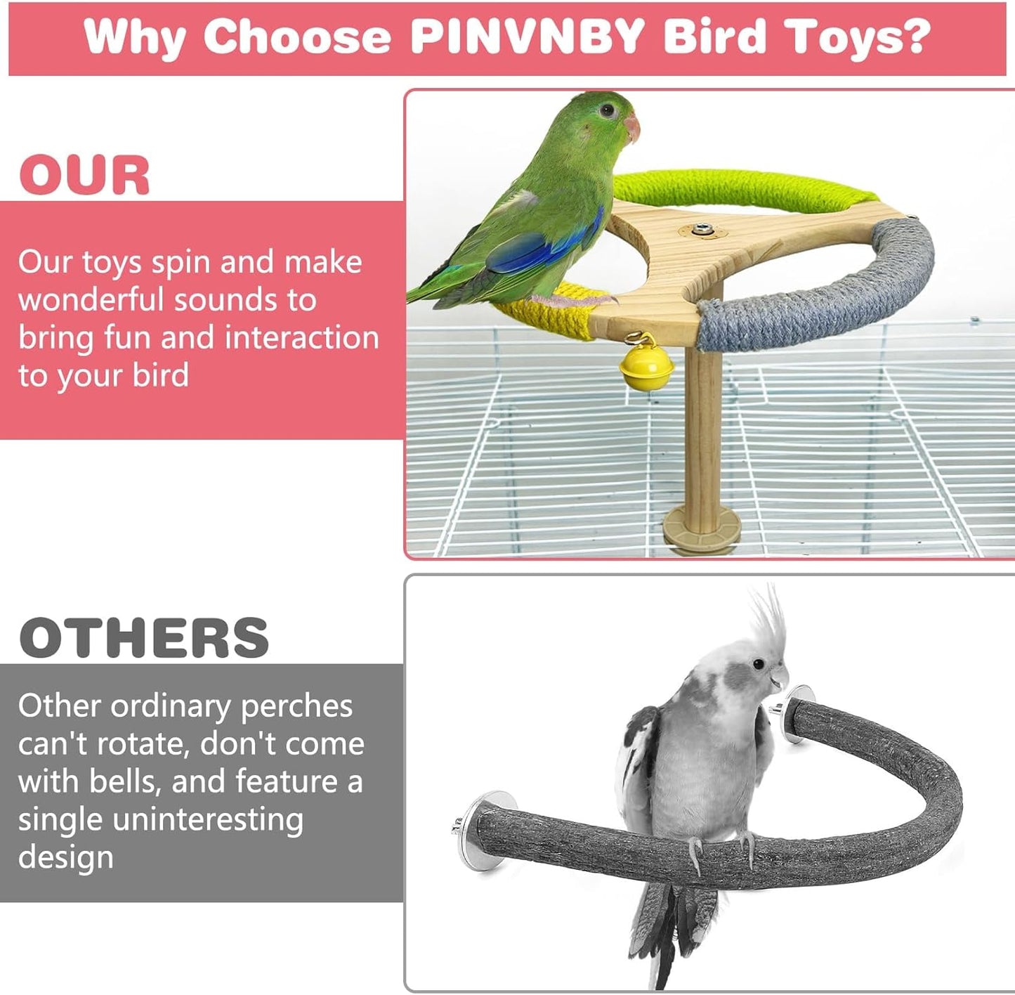 PINVNBY Hanging Bird Stand Perch Toy Wooden Spinning Parrot Perch with Cotton Rope and Bell Interactive Cockatiel Toy Bird Cage Accessories for Parakeets Conures Budgies Finches Lovebirds