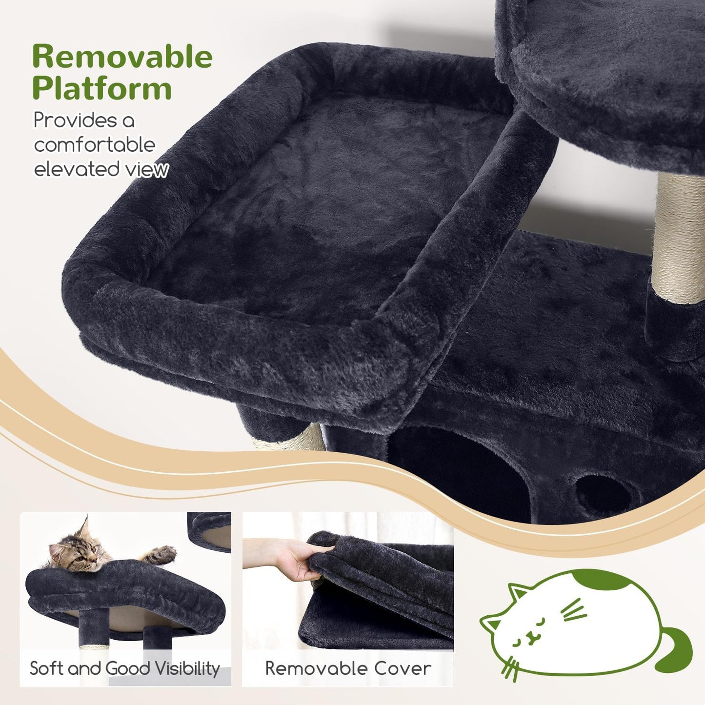 Globlazer Cat Tree, 70 inch Tall Scratching Tower Multi-Level Cat Condo for Indoor Multiple Cats with 2 Large Cat Caves, Top Perch, Large Platform, Bottom Swing, F70B, Dark Grey