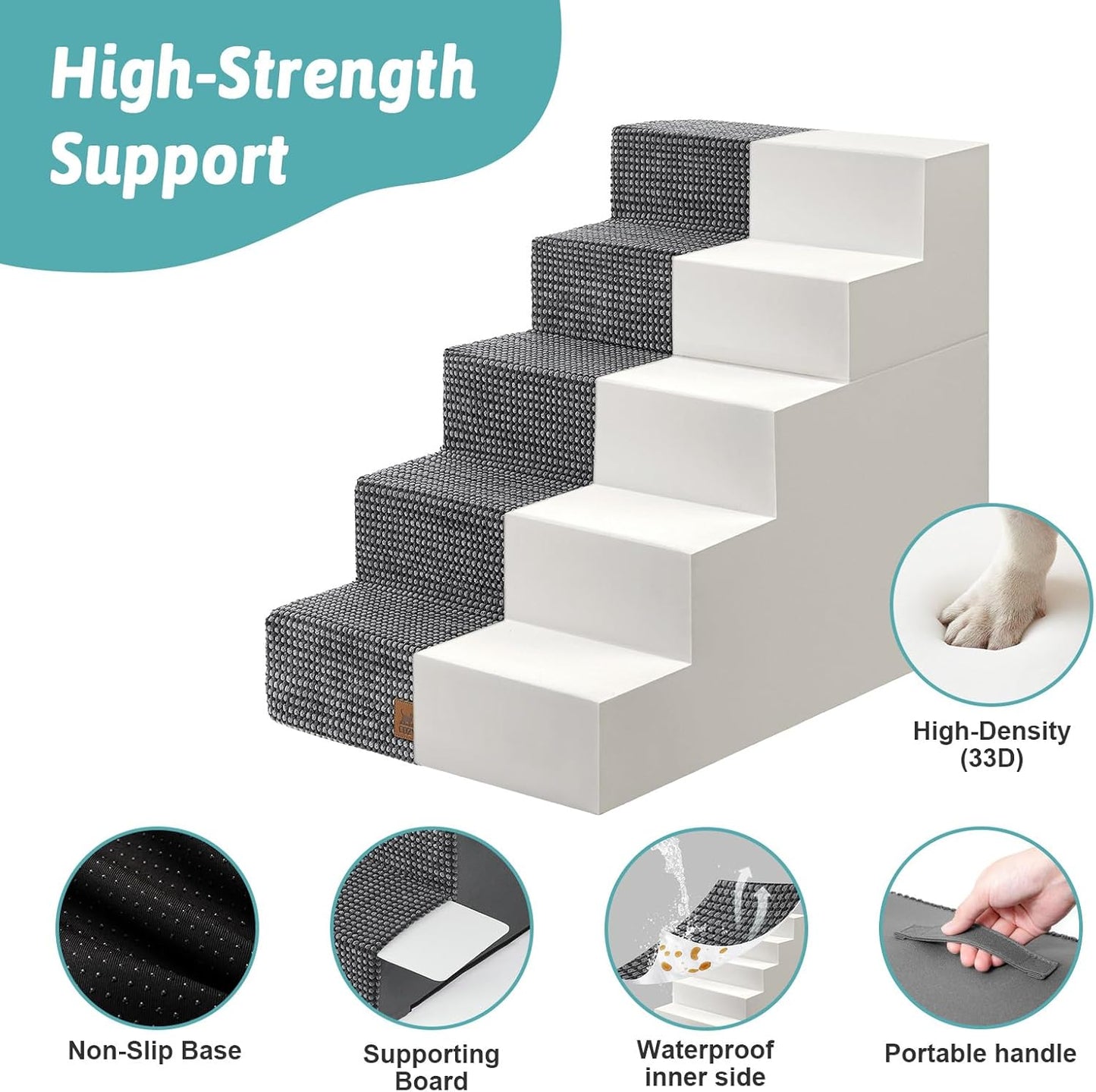 Dog Stairs for Small Dogs, 5 Tier Removable Wider Pet Stairs for Couch and Bed, 23.6" H Non-Slip Dog Steps for Puppies and Old Cats with Support Board, 29.5x19.7x23.6 inch, Dark Grey