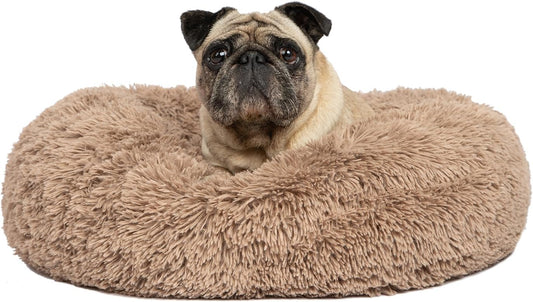 Best Pet Supplies Round Donut Dog Bed with Plush Faux Fur Fabric, Calming, Anti-Anxiety Cushion for Indoor Pets, Slip-Resistant Base, Soft Ergonomic Support - Caramel, 20x20x6''