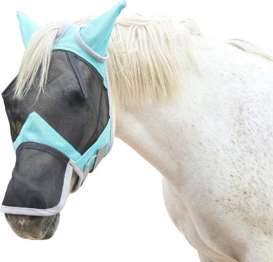 Horse Fly Mask with Ears & Long Nose Cover | Forelock Opening for Tangle-Free Mane Care | UV Protection & Breathable Mesh | No Rub Fit and Enhanced Visbility for Trail Riding Turquoise Full