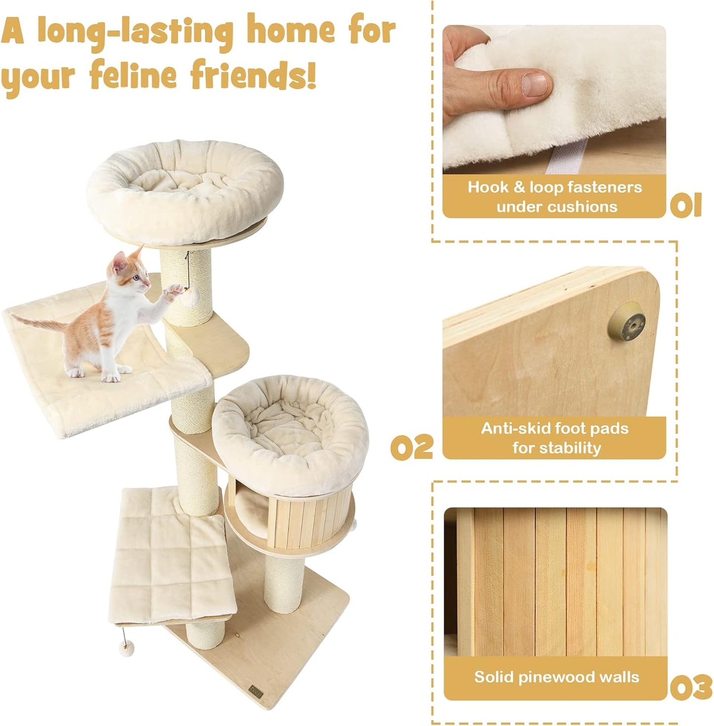 PETSITE 68.5" Tall Cat Tree, Multi-Level Modern Cat Tower with Sisal Scratching Posts, Top Perch, Cat Condo, Hammock, Jingling Balls, and Washable Cushions, Cat Tree Tower for Indoor Cats Large Adult