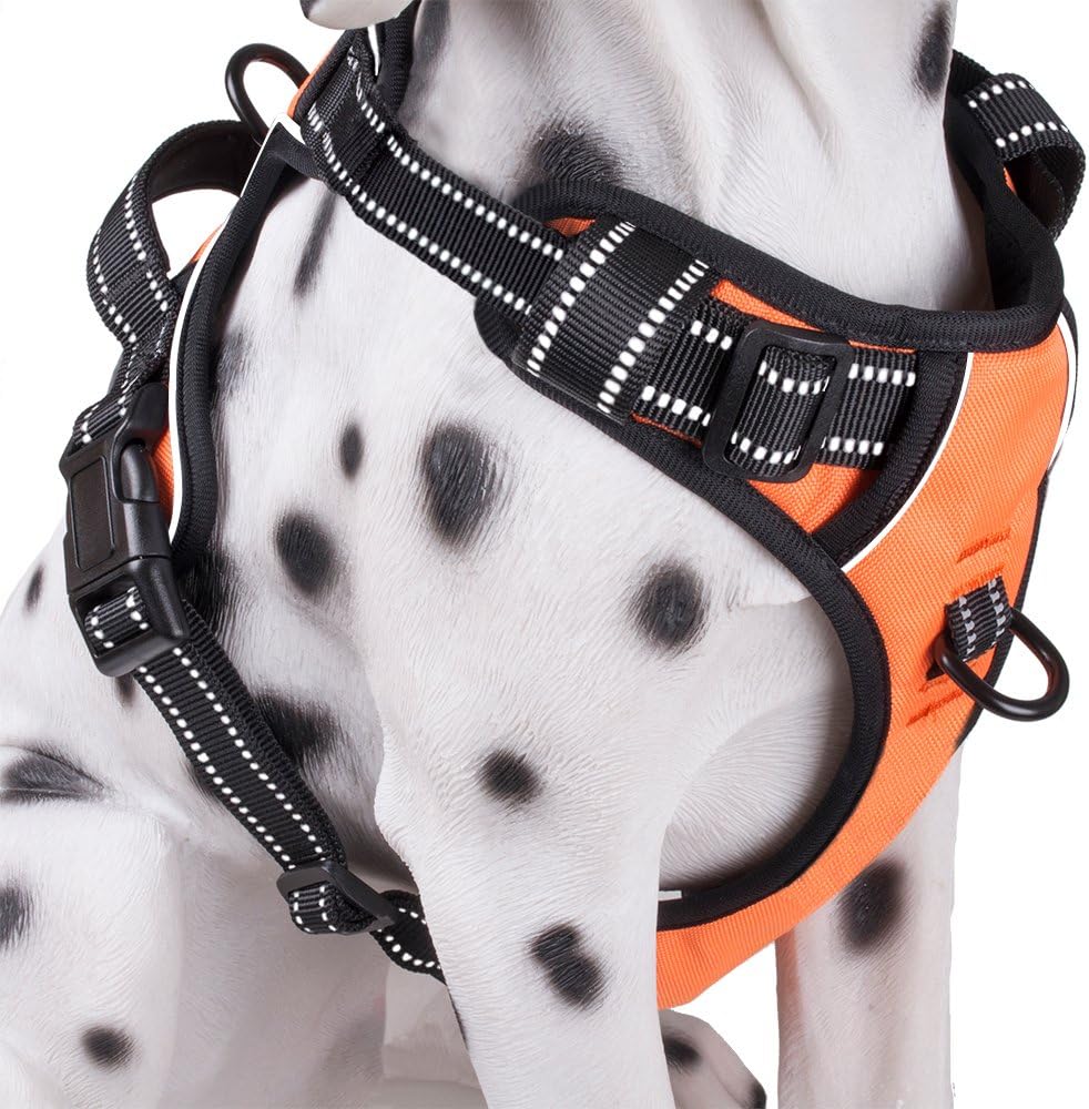 PoyPet No Pull Dog Harness, Reflective Comfortable Vest Harness with Front & Back 2 Leash Attachments and Easy Control Handle Adjustable Soft Padded Pet Vest for Small to Large Dogs (Orange,S)