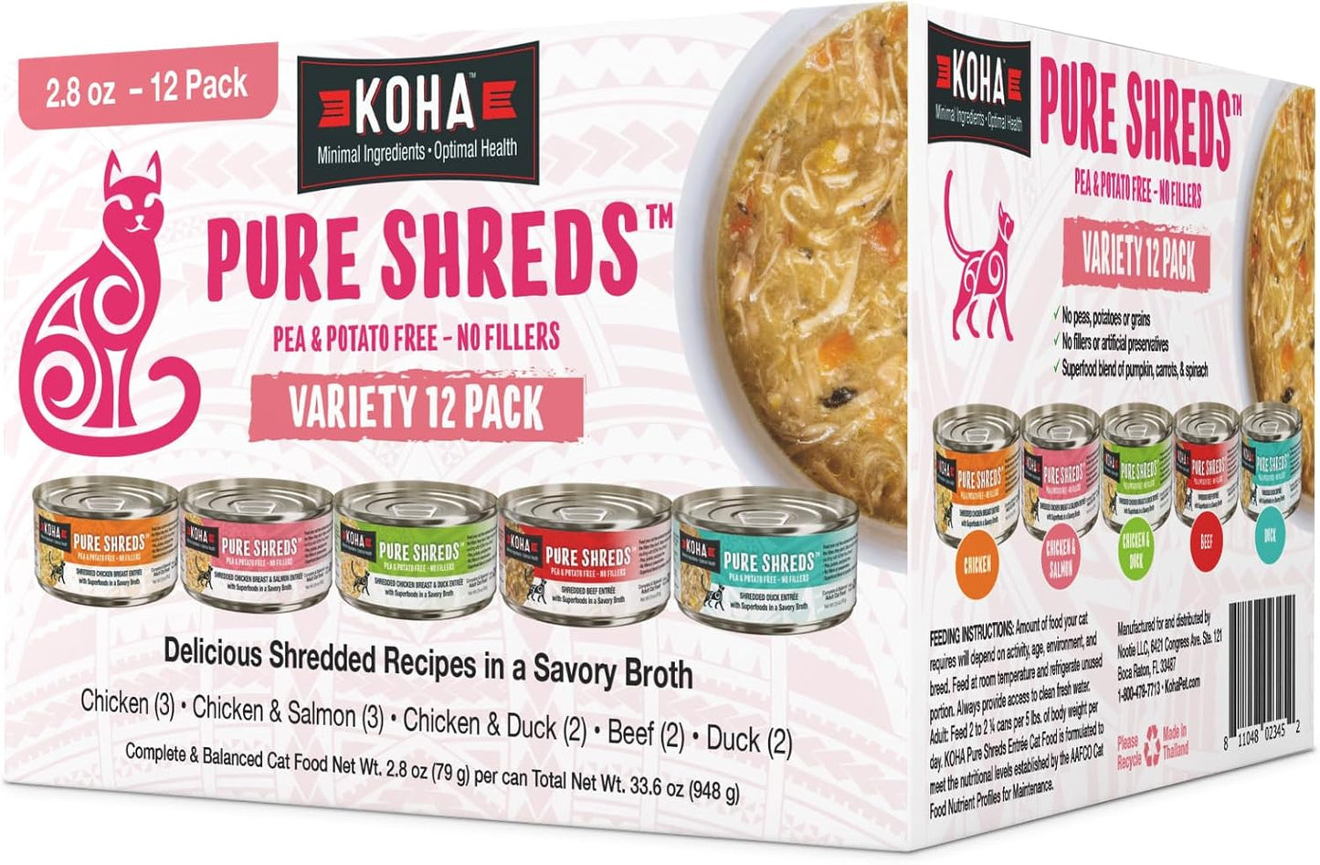 KOHA Pure Shreds Cat Variety Pack, High Protein Wet Cat Food - 5 Flavors - Beef, Duck, Chicken & Duck and Chicken & Salmon Food for Cats - 2.8 oz Cans, Pack of 12