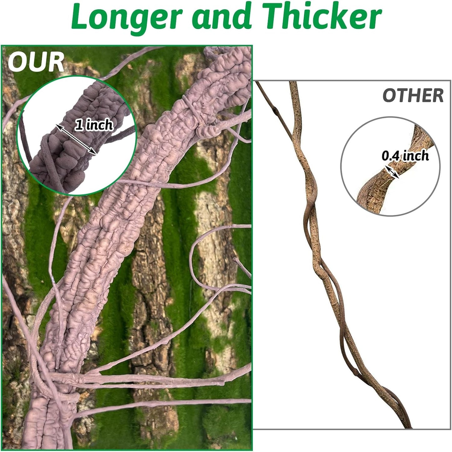 VCEPJH Large Reptile Vines Thick Terrarium Plants 118 Inches Long Flexible Climbing Branch Snake Tank Accessories Greenery Habitat Decor for Bearded Dragon Chameleon Gecko Frog Lizard (L)
