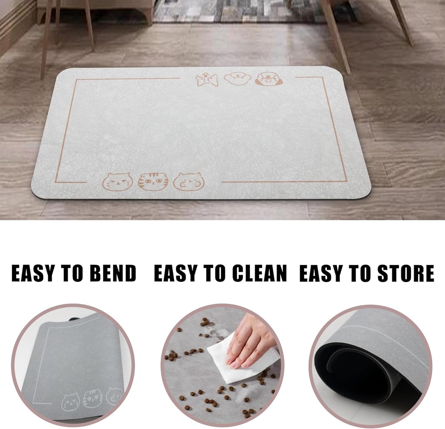 YCT Cat Pet Food Mat - Non-Slip Bottom Absorbent Quick Dry Feeding Mat for Dogs and Cats - Pet Supplies, 11.8"x18.1" Gray