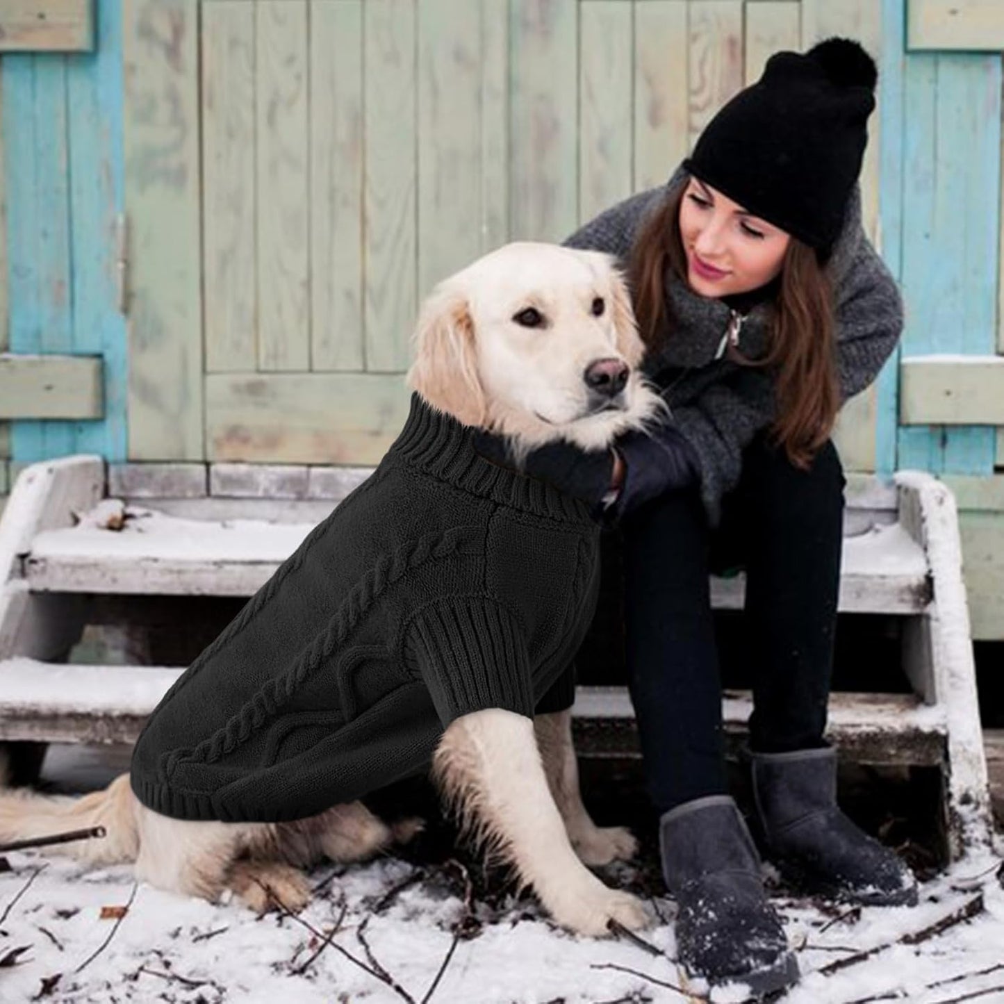 Queenmore Small Dog Pullover Sweater, Cold Weather Cable Knitwear, Classic Turtleneck Thick Warm Clothes for Chihuahua, Bulldog, Dachshund, Pug (Black, Large)