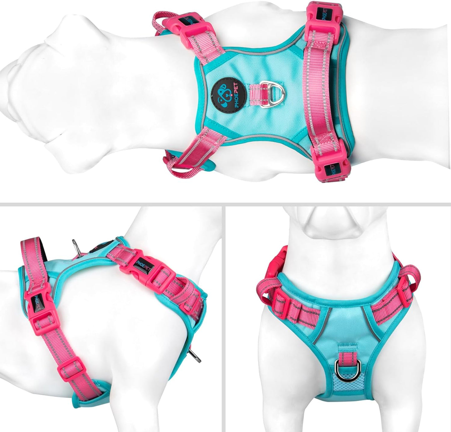 PHOEPET No Pull Dog Harness, Unique Colors Reflective Adjustable Dog Vest, with Soft Training Handle Metal Clips for Small Medium Large Dogs (Mint Green Base & Pink Straps,S)
