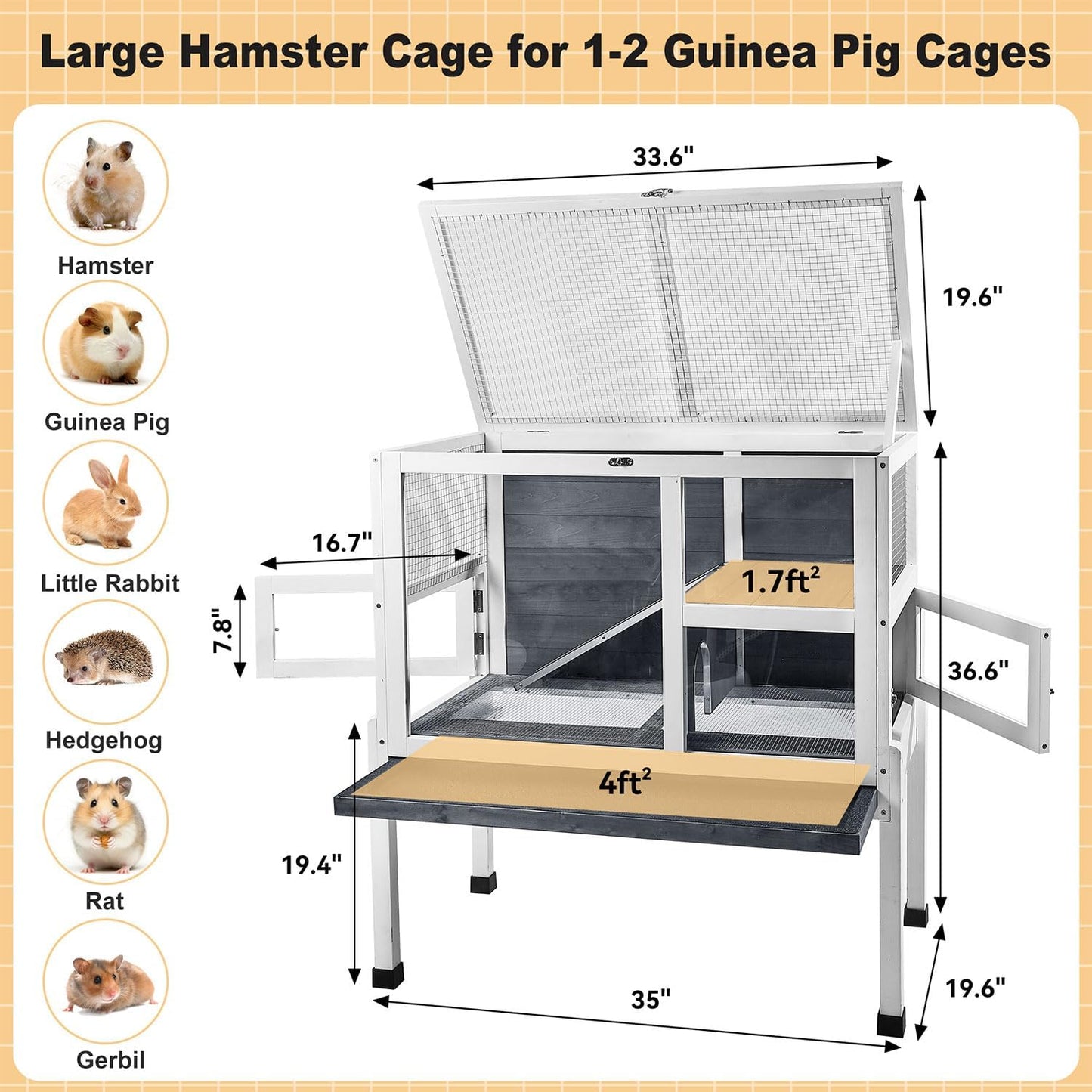 2-Story Guinea Pig Cage with Stand, Indoor Wooden Hamster Cage with Ramp, Pull-Out Tray, Hideout & Platform, Acrylic Transparent Small Animal Habitat for Chinchillas, Ferrets, Hedgehogs,Grey