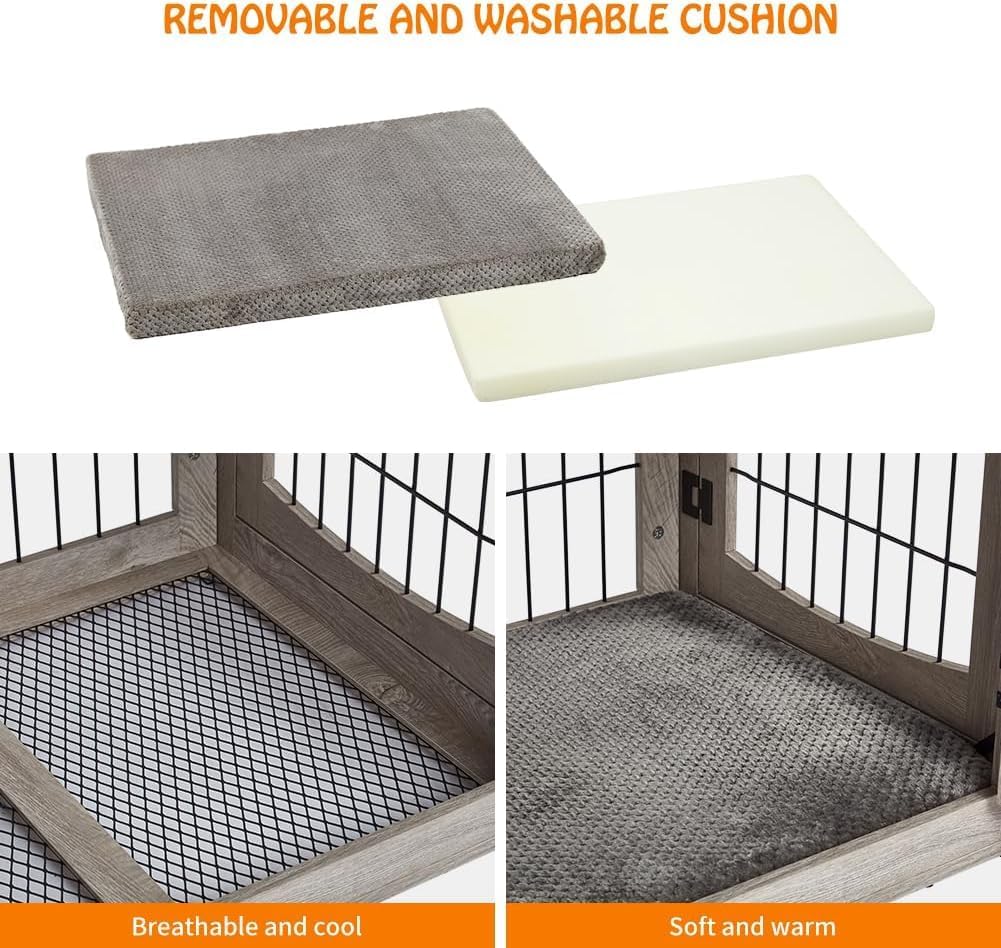 Dog Crate Furniture for Medium Dogs, Wooden Dog Kennel Indoor with Double Doors, Dog Cage with Cushion & Drawers, Dog House Side End Table for Small Medium Dogs up to 45 lb, 31.5” L, Grey