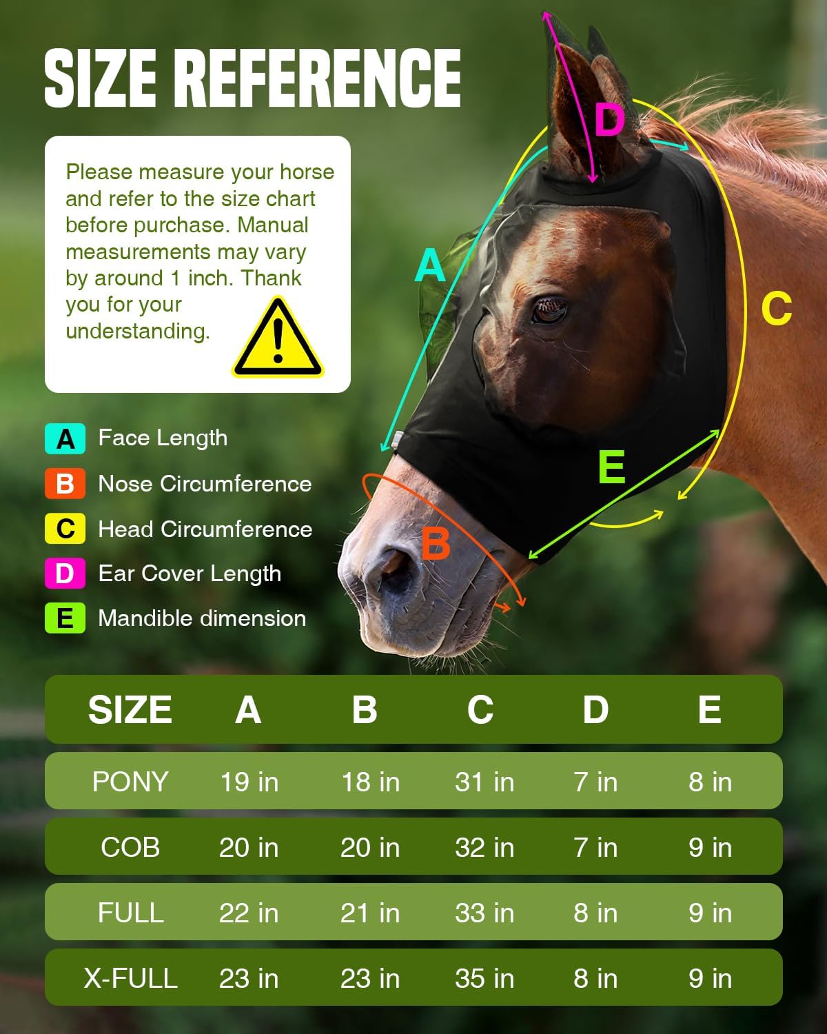 JWODVNTH Fly Masks for Horses with Ears - Large Eye Space, Comfort, UV-Block - Horse Fly Mask for Daily Stable, Hot Weather Riding, and Competition - X-Full, Black