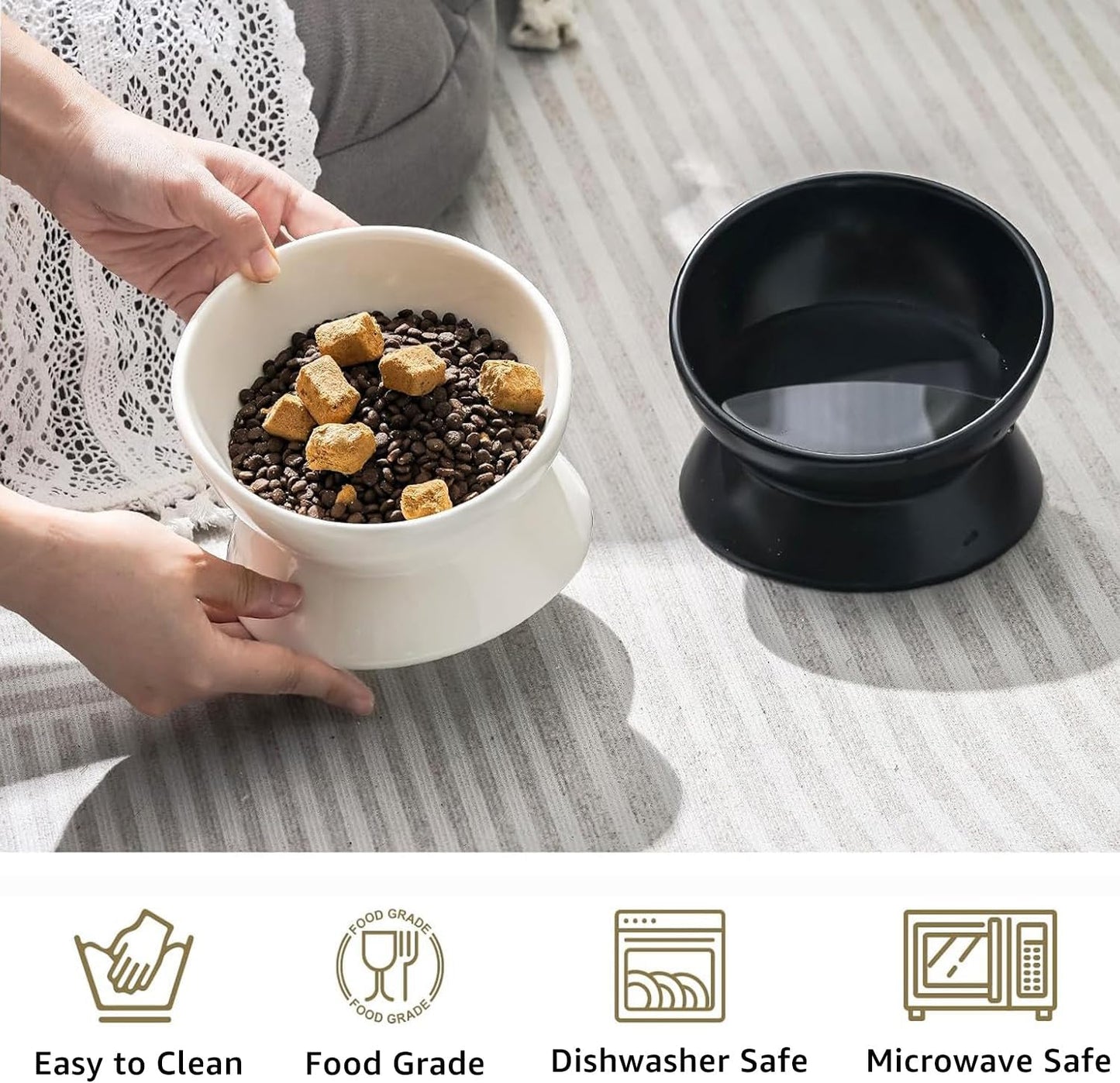 YINGFAN Elevated Cat Bowls, 5oz Ceramic Raised Cat Bowl for Cats/Kittens with Tilted Design, Porcelain Cats Feeding Dishes for Food/Water, Anti Vomit, Microwave & Dishwasher Safe (Black)