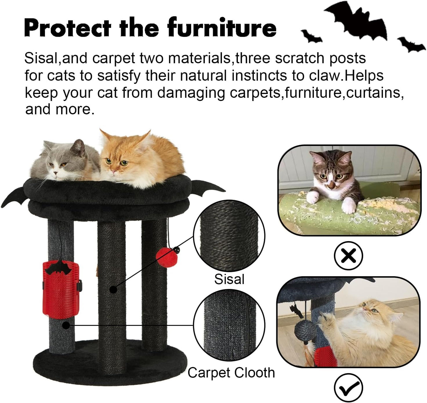 MECOOL 4in1 Small Cat Tree,Scratching Post with Tower Soft Bed, Sisal Carpet Jute Posts with Three Hanging Ball Toys and Massage Brush for Indoor Cats and Kittens