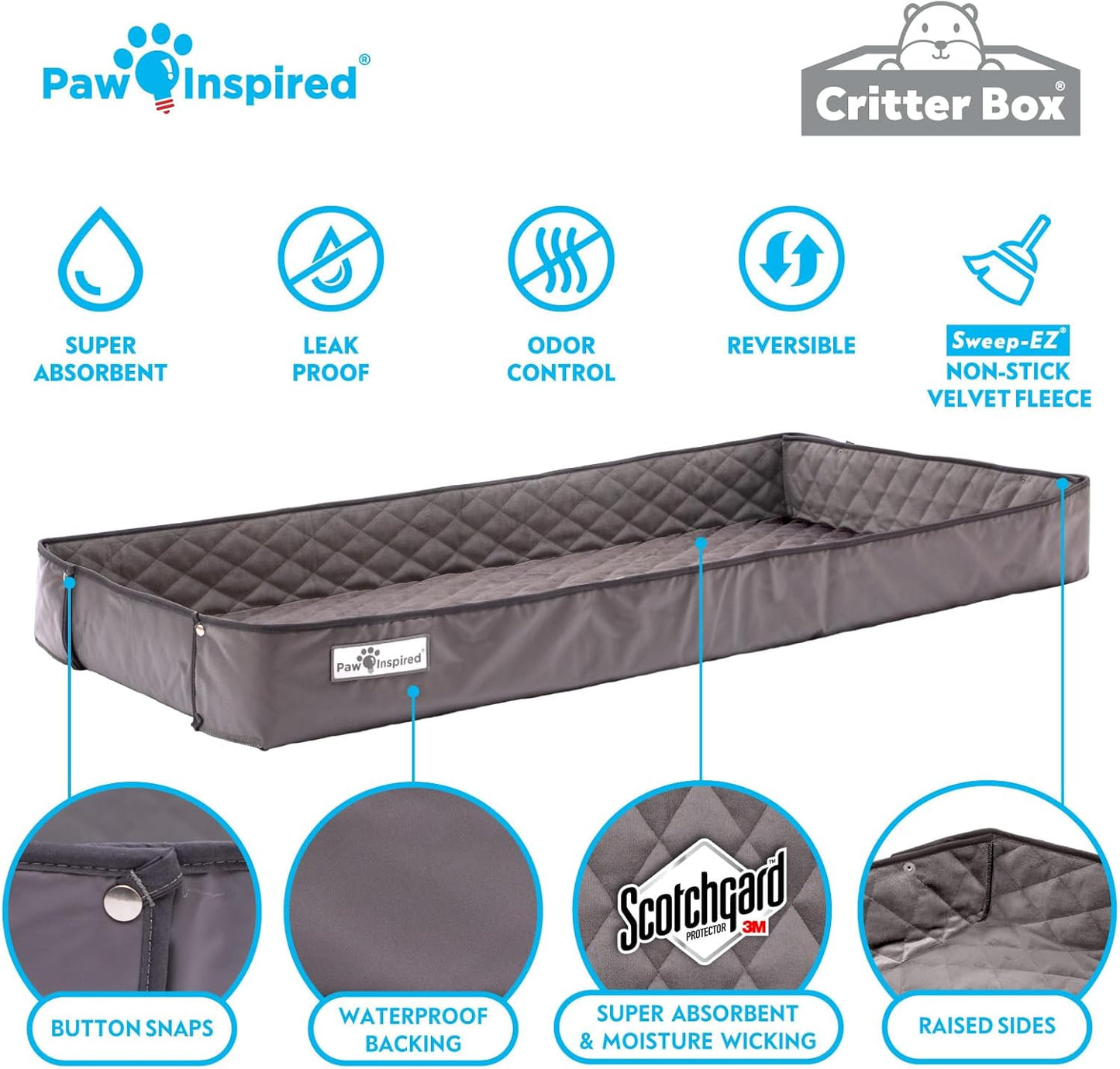 Paw Inspired Critter Box | Washable Guinea Pig Cage Liners with Raised Sides | Fleece Bedding for Guinea Pigs Rabbits, Hamsters, Small Animals | Edge Protected Pee Pads (2x4 (12" Grids))