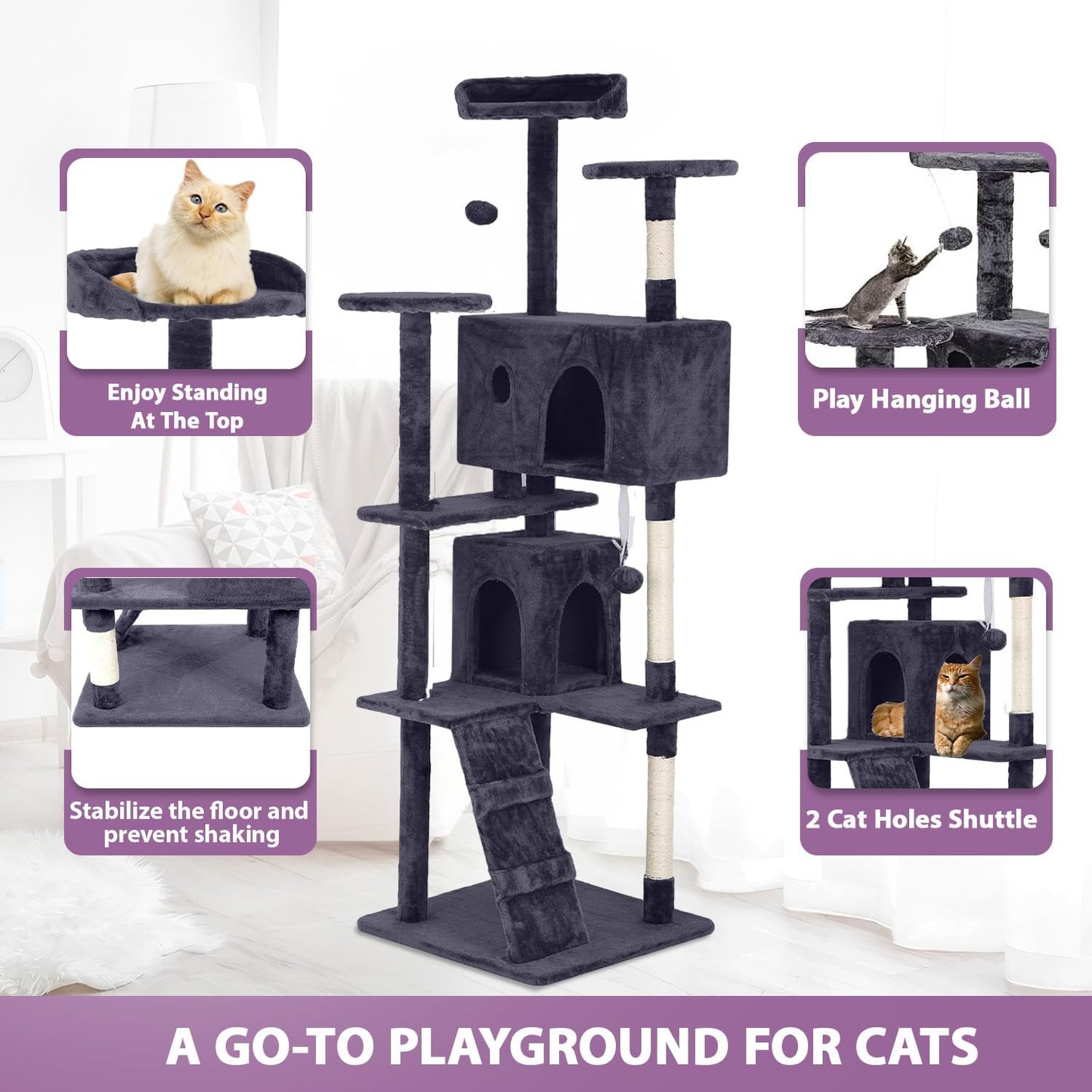 70 Inches Cat Tower for Indoor Cats, Multi-Level Cat Condos with Scratching Posts, Hanging Toys, Ashy