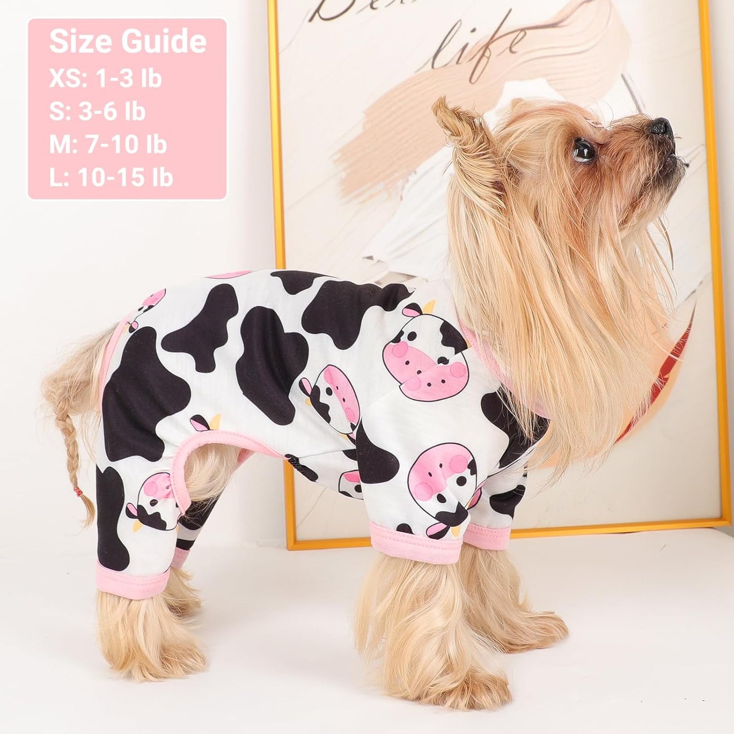 Dog Pajamas Small Sized Dogs Stretchable Summer Dog Clothes Pjs 4 Legs Girl Boy Cute Soft Puppy Outfits Doggie Cat Jammies Jumpsuit Sleeper for Pet, Pink Cow, S
