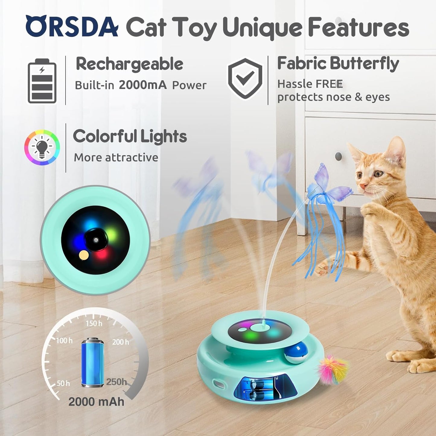 ORSDA Cat Toy, 3-in-1 Automatic Interactive Electronic Moving Ambush Feather, Fluttering Butterfly, Track Balls, USB Rechargeable Powered Smart Indoor Exercise Kicker