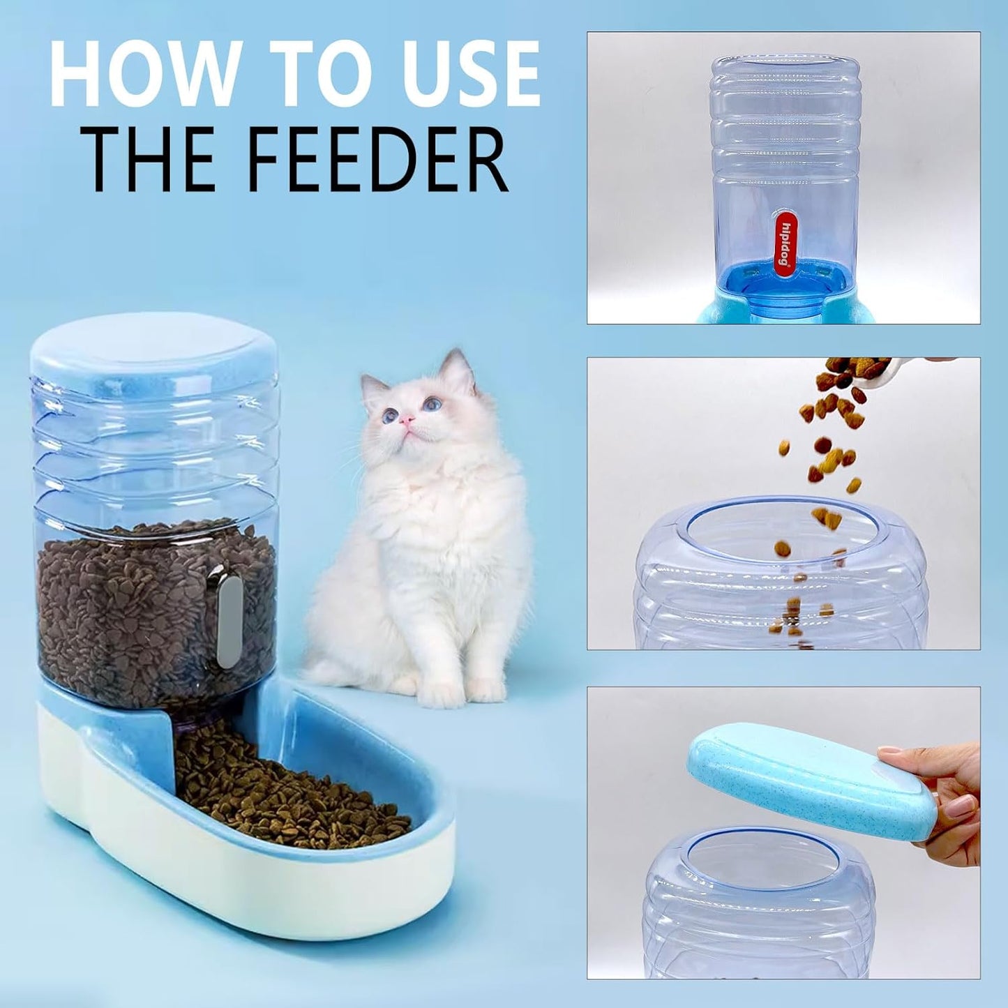 kathson Automatic Cat Feeder 1 Gallon Gravity Dog Food Dispenser Large Capacity Self Feeding Pet Food Bowl for Puppy Kitten Rabbit Blue