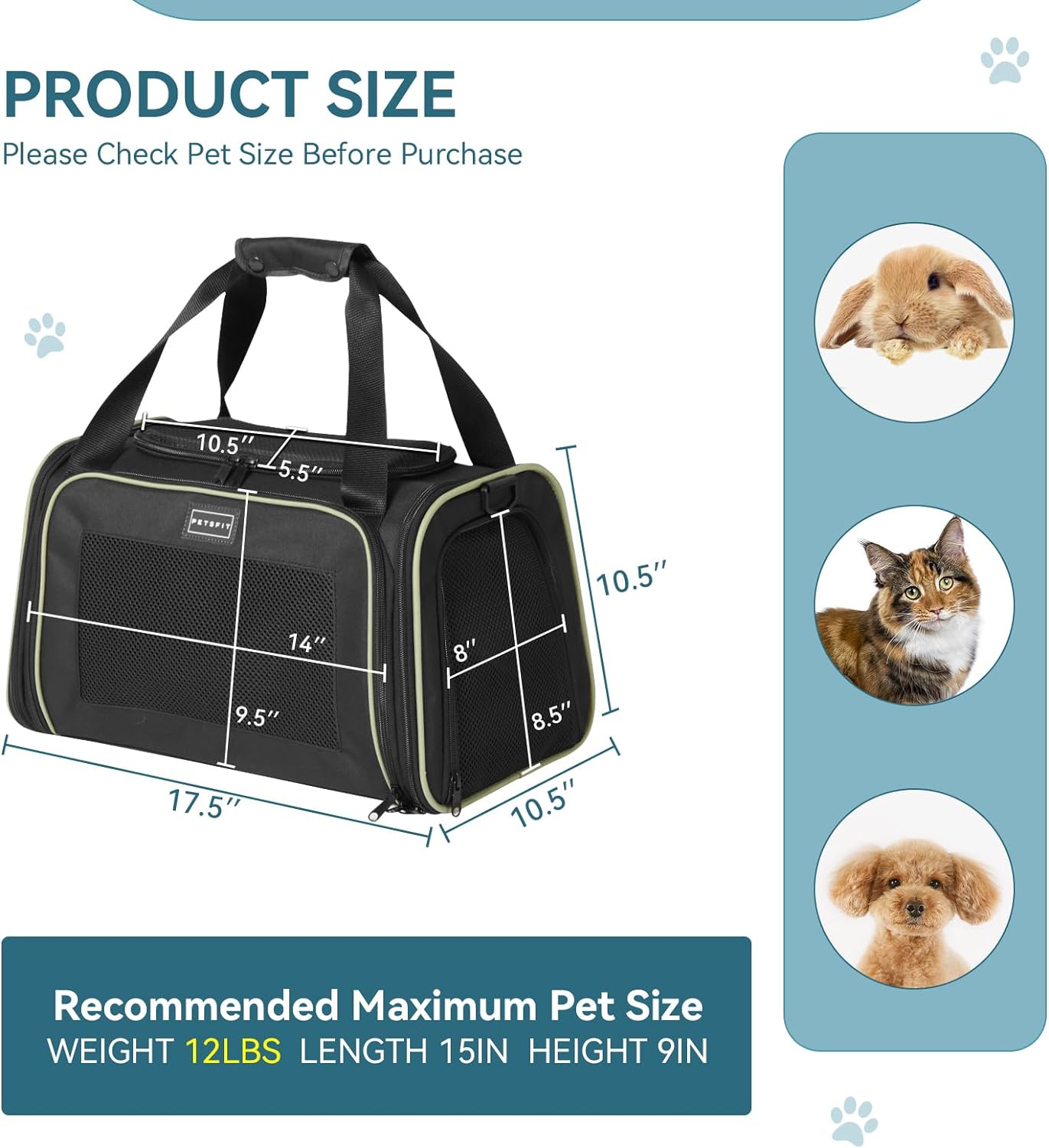 PETSFIT Pet Carrier Airline Approved with Extendable Mat, Dog Carriers for Small Dogs, TSA Approved Pet Carrier, Puppy Carrier for Small and Medium Cats Under 12 Lbs, Black
