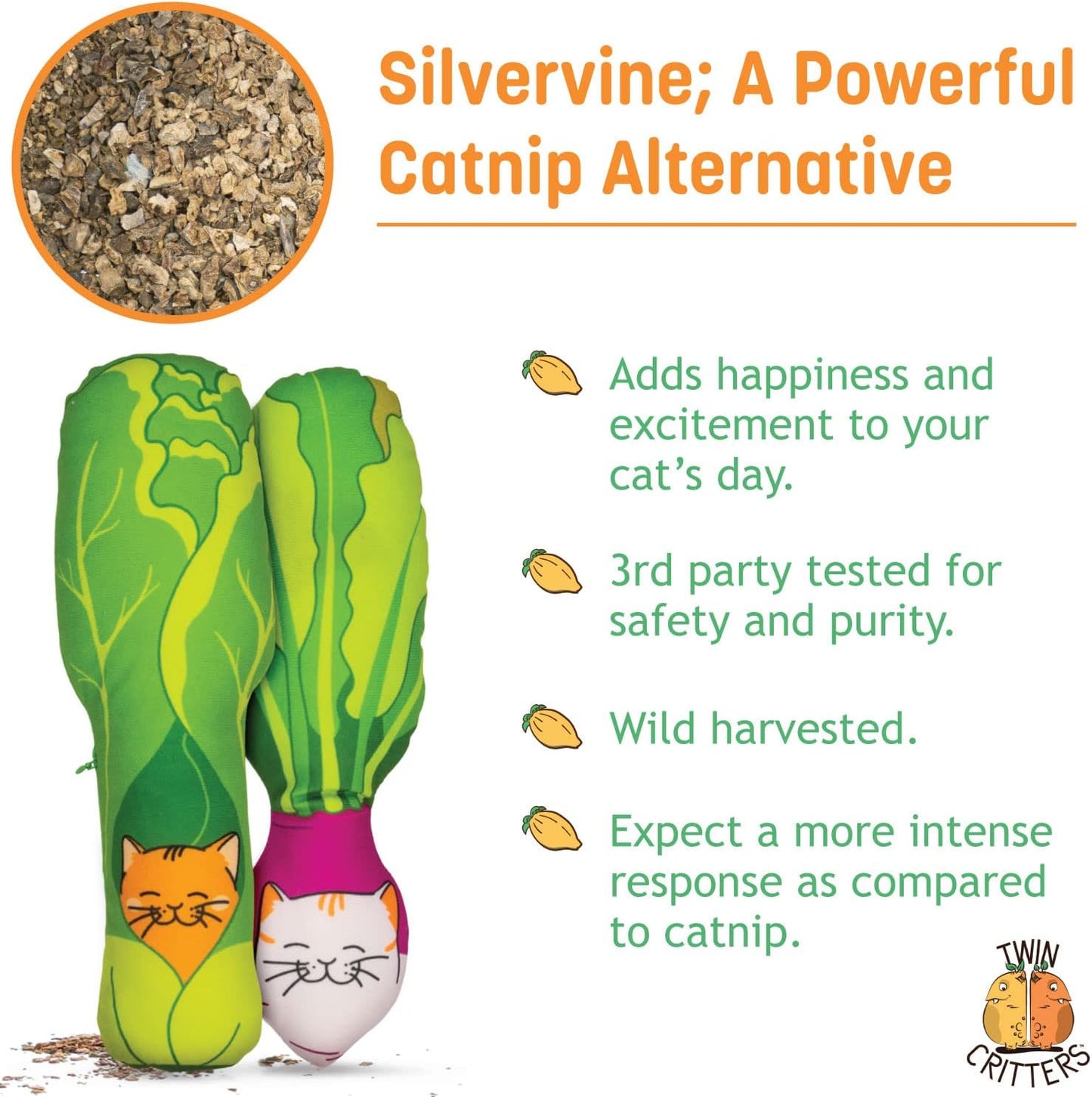 KittiVeggi 2-Pack Organic Silvervine Catnip Substitute Toys for Cats & Kittens | 100% All-Natural Wild Harvested Silvervine | 2 Refillable Vegetable Kicker Cat Toys