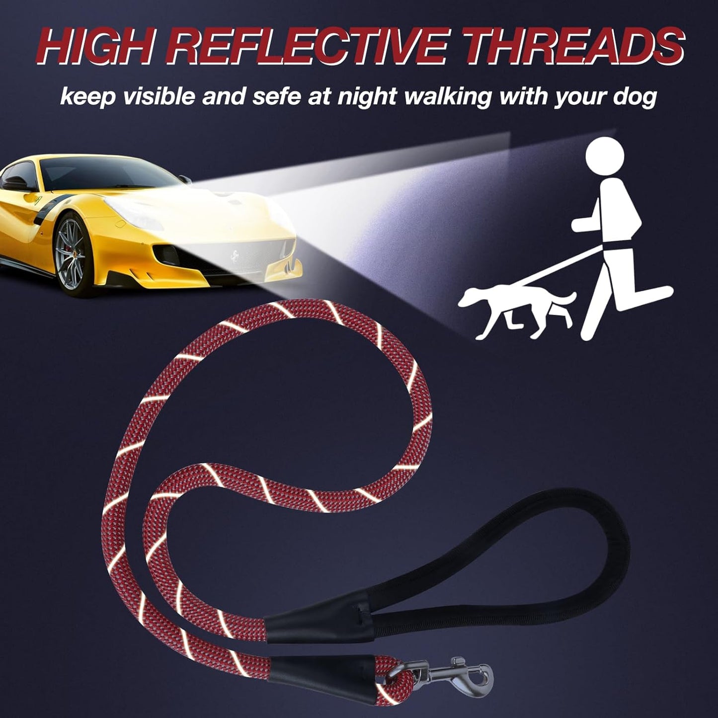 Red 4FT Dog Leash for Large Dogs Night Walking Reflective Heavy Duty Chew-Resistant Nylon Leash with Padded Handle and 360° Swivel Clip Strong for Medium to Large Breeds