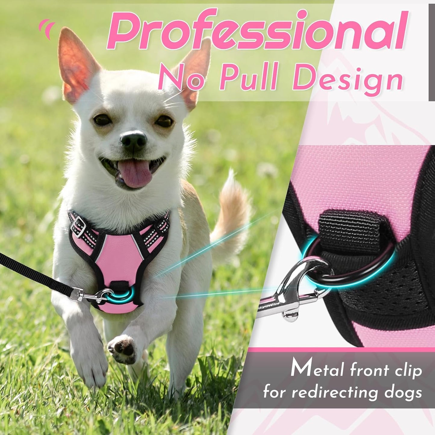 Eagloo Small Dog Harness No Pull, Service Vest with Reflective Strips and Control Handle, Adjustable and Comfortable for Easy Walking, No Choke Pet Harness with 2 Metal Rings, Pink, XS