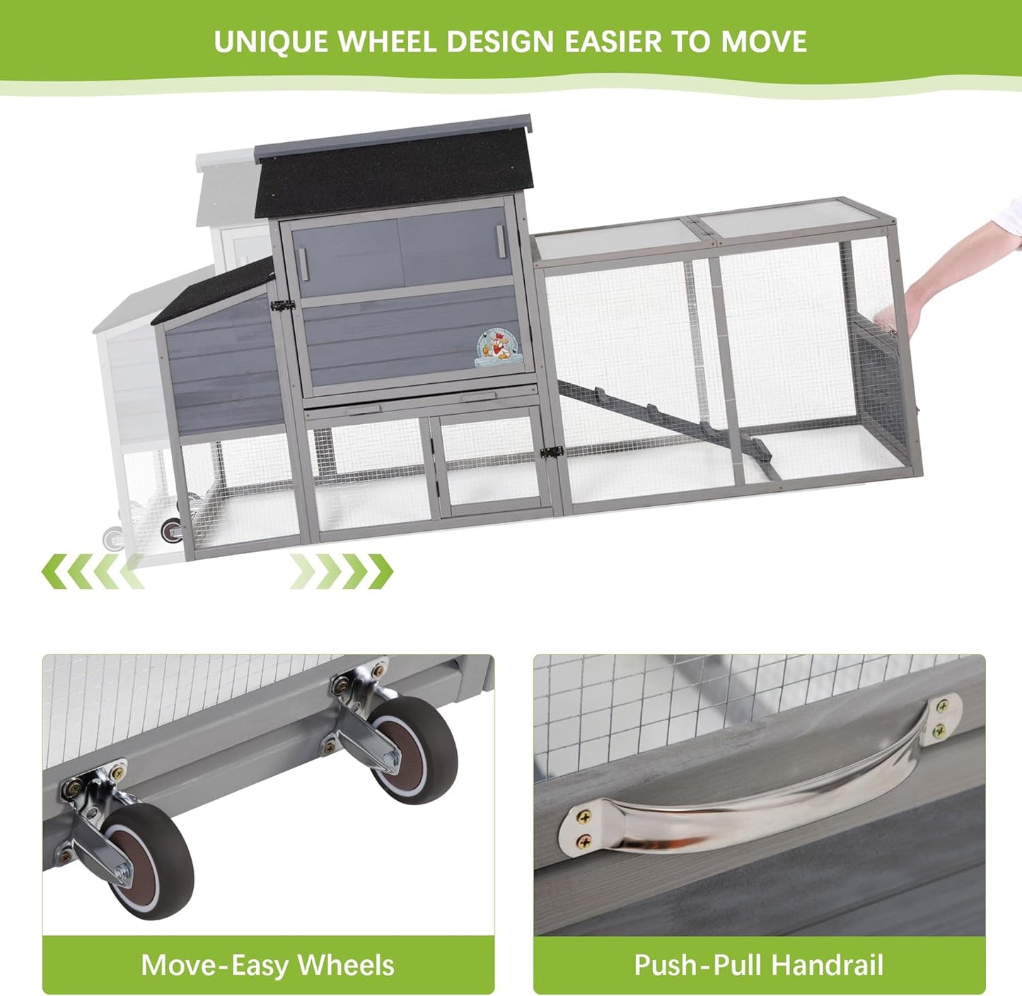 COZIWOW 82" Large Wooden Chicken Coop, Outdoor Rabbit Hutch, Guinea Pig Pet House with Wheels, Sunshine Board, Asphalt Roof, Ramp, Openable Top, Door, Window, Pull-Out Tray, Indoor Bunny Cage (Gray)