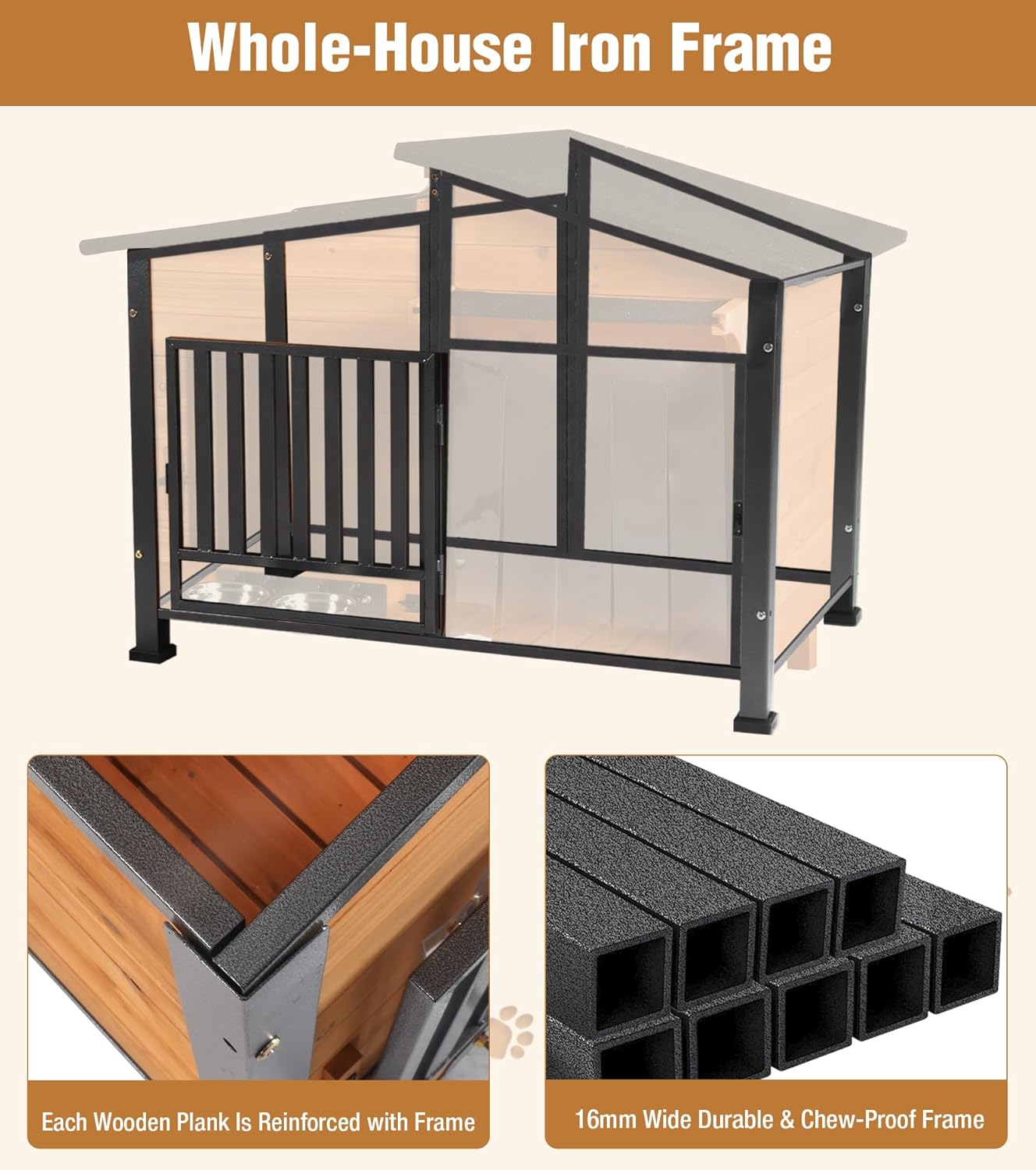 GUTINNEEN Dog House Outdoor with Anti-Chewing Metal Frame, Wooden Dog Kennel with 360° Rotating Feeding Bowl, Weatherproof Roof, for Indoor & Outdoor Use - Natural Wood Color