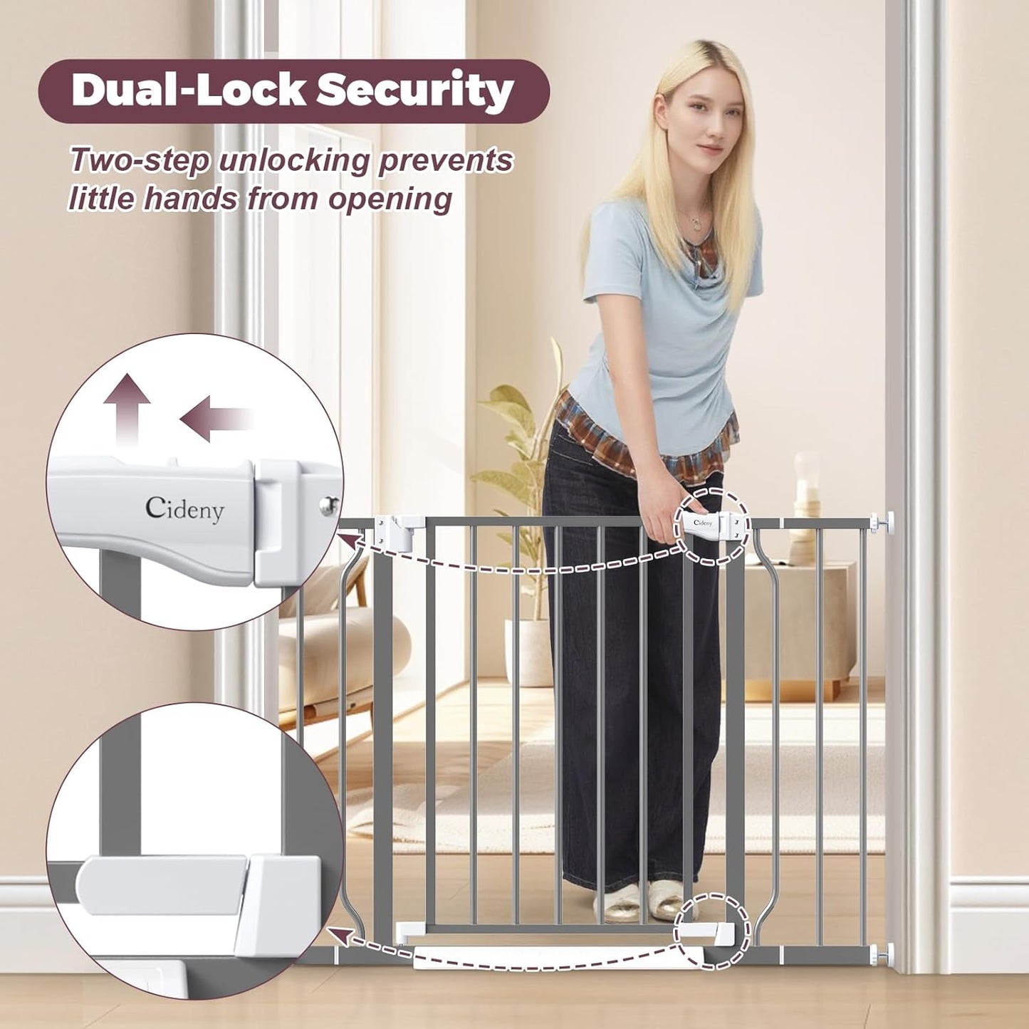 29"-40" Baby Gate for Stairs, Auto Close Stroller Friendly Dog Gate Indoor for Doorways, Pressure Mounted Baby Gate, Easy Walk Through Gate for Children & Pets, Grey