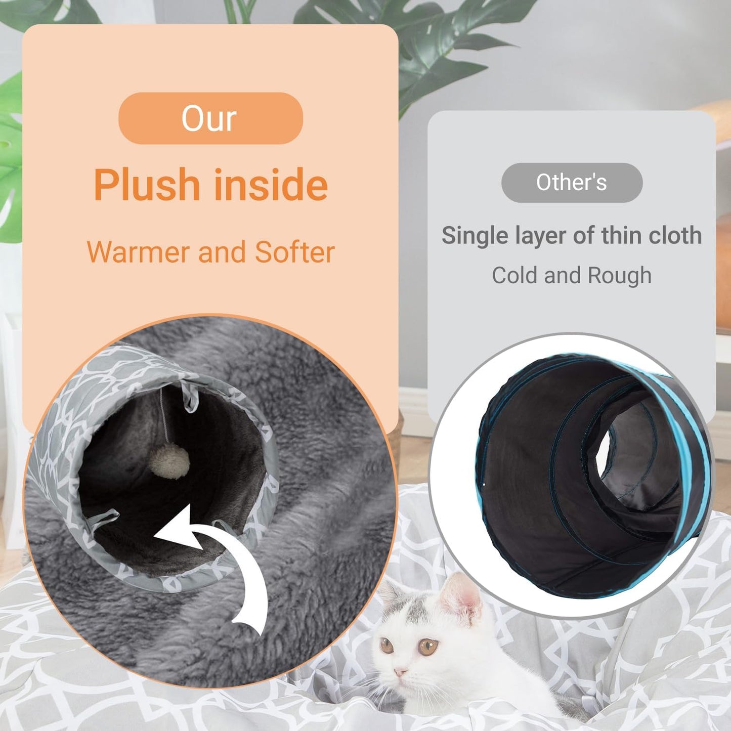 LUCKITTY Geometric Cat Tunnel Bed Oxford Outside with Plush Inside,Cats Toys Collapsible Tunnel Tube with Balls, for Rabbits, Kittens, Ferrets,Puppy 3FT