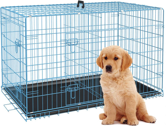 BestPet | Dog Crate | 24" | Blue | Foldable Metal Kennel with Double Doors, Secure Slide-Bolt Latches, Leakproof Tray | Portable Dog Cage for Small Breeds | for Travel, Indoor & Outdoor Use