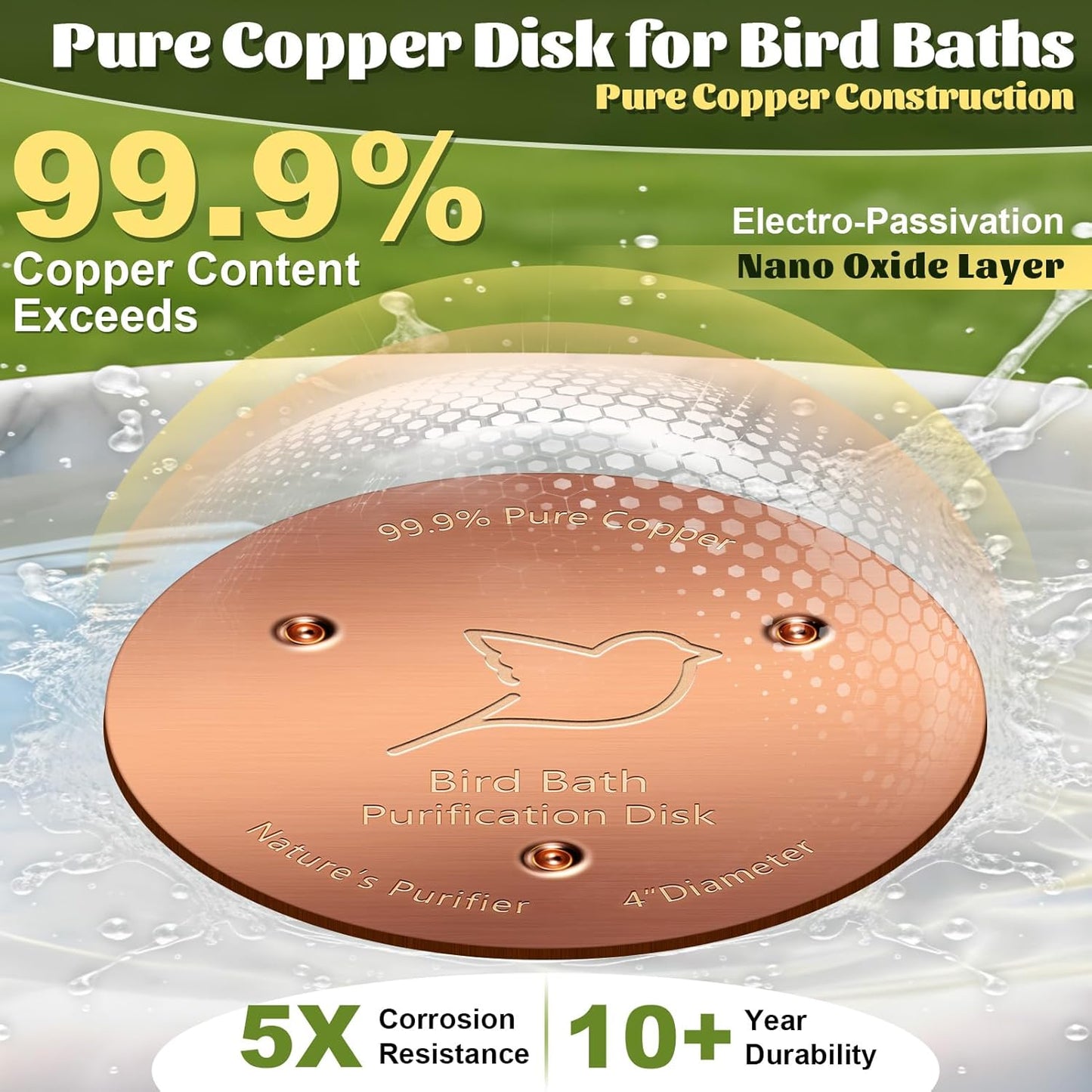 NNG 2 Pack Bird Bath Copper Disk,1mm Thick Reinforced 99.9% Pure Copper Bird Bath Purification Disk with Triple-Point Support,Physical Safe Water Cleaner for Outdoor Birdbaths Bowls,All-Season Use