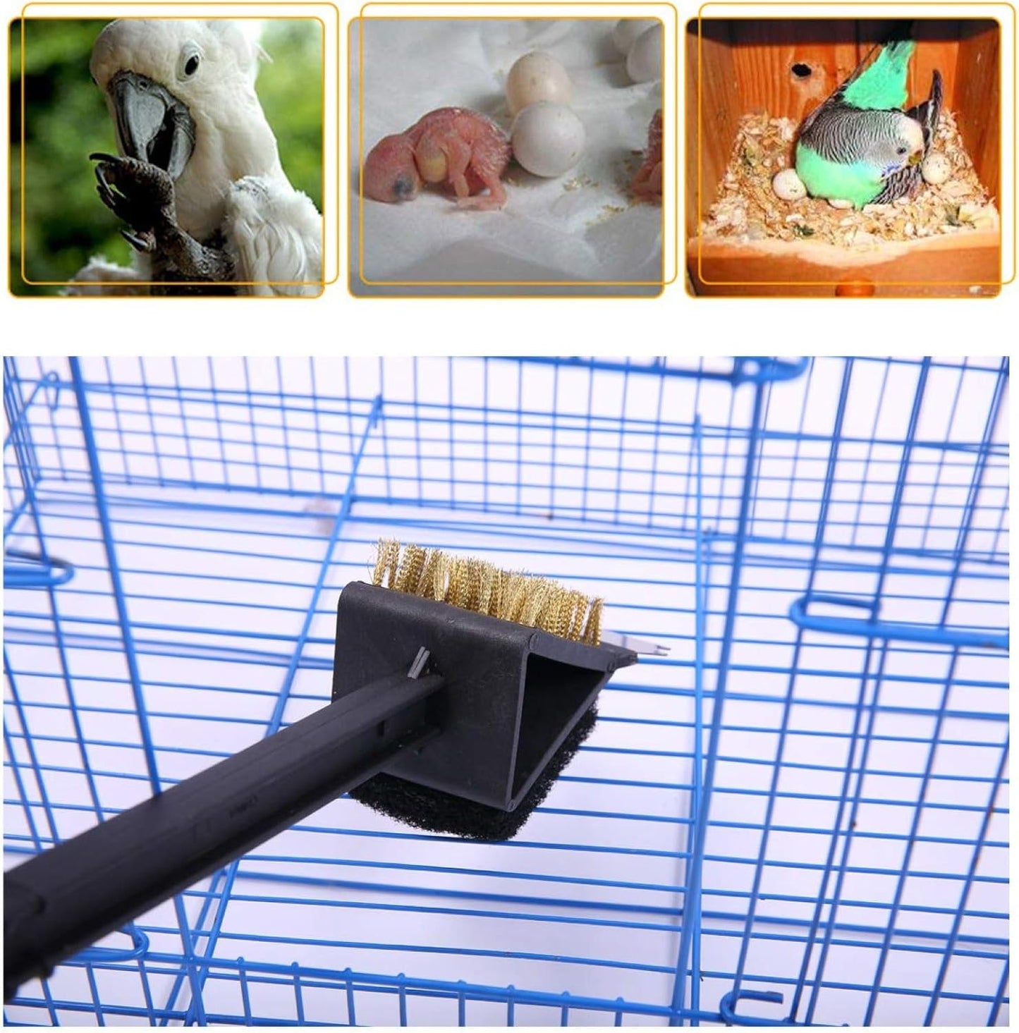 QBLEEV Stainless Steel Triangle Long Bird Cleaning Brush, Multi-Function Three-in-one Long Handle Brush, Pet Supply Cage Accessory for Parrot Birds