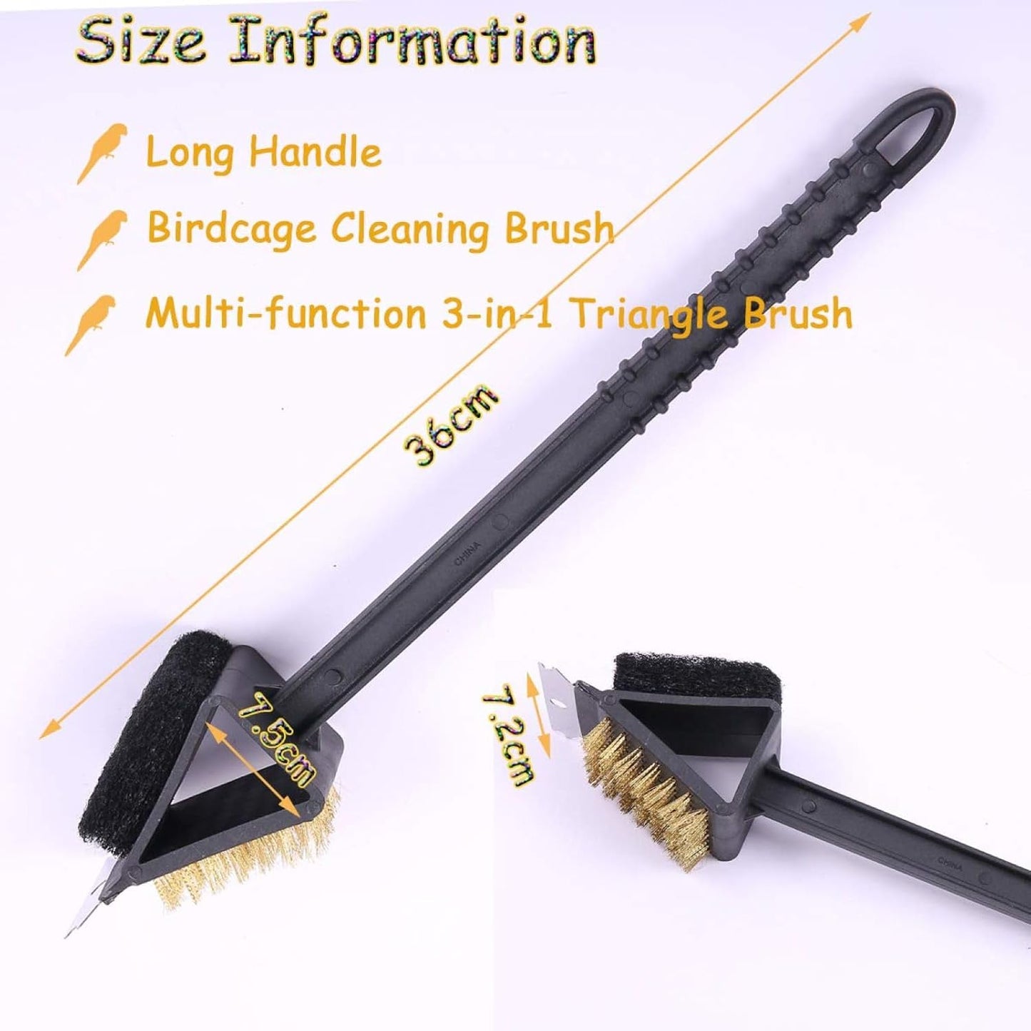 QBLEEV Stainless Steel Triangle Long Bird Cleaning Brush, Multi-Function Three-in-one Long Handle Brush, Pet Supply Cage Accessory for Parrot Birds