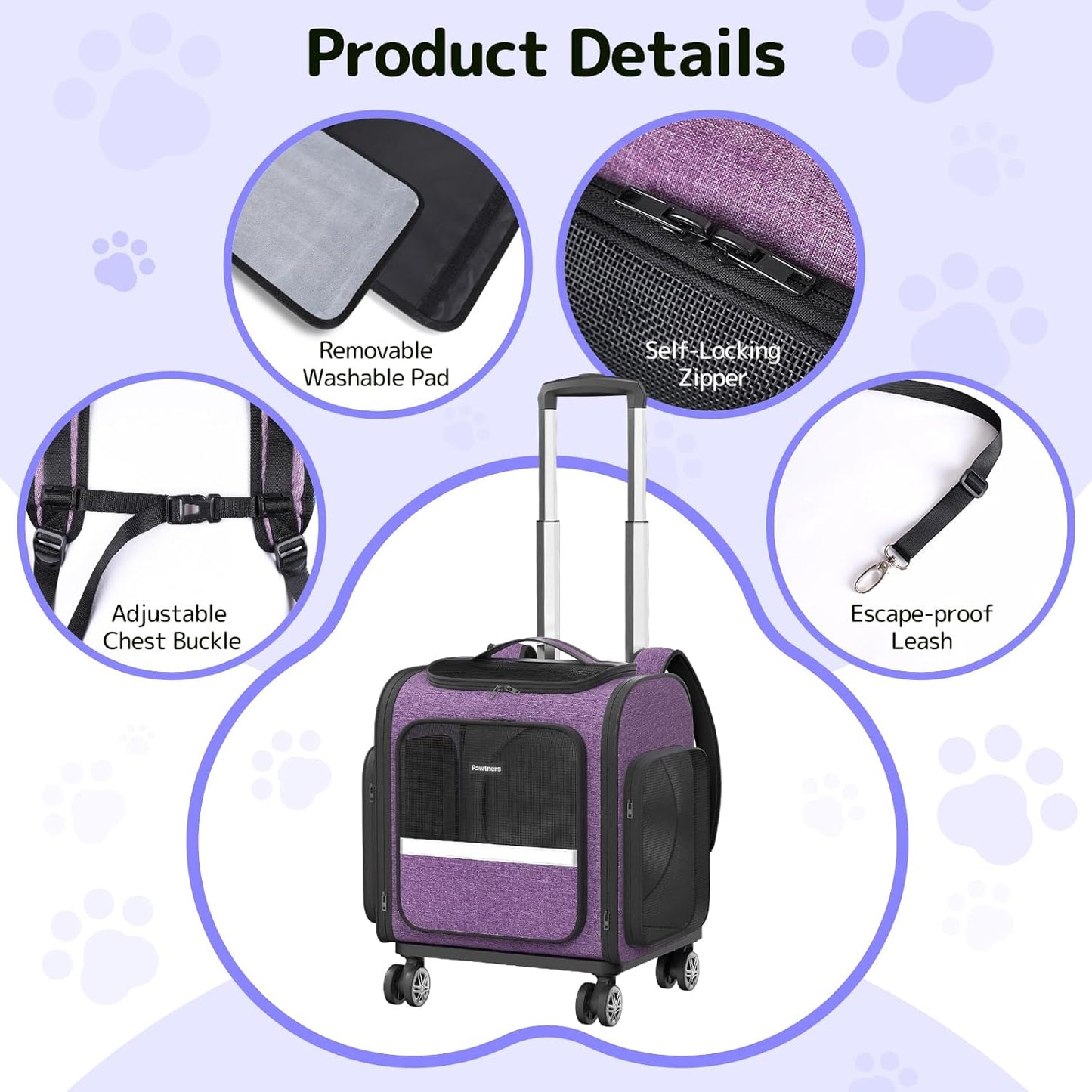 Rolling Cat Carrier with Wheels Dog Carrier for Small Dogs & Medium Cats, Expandable Pet Carrier on Wheels with Cat Play Tunnel, Large Capacity, Breathable Mesh, Side Pocket, Purple