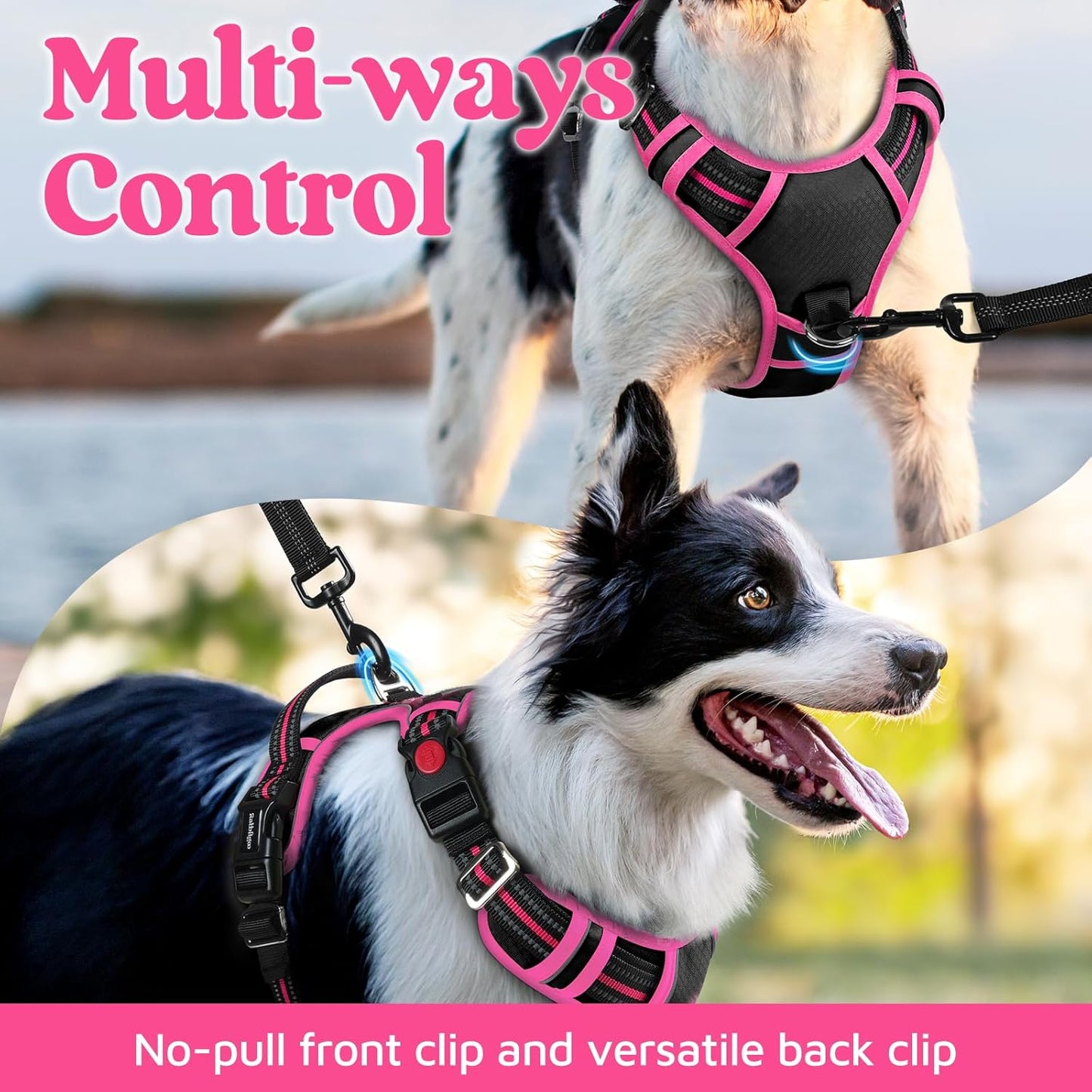 rabbitgoo Dog Harness Medium Sized, No Pull Dog Vest with 3 Buckles, Adjustable Soft Padded Pet Harness with Easy Control Handle and Reflective Strips, Black & Rose Pink, M