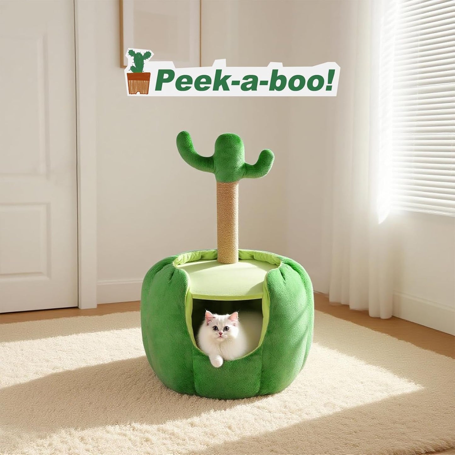 Cat Houses for Indoor Cats, Small Cat Tree with Sisal Ropes and Plush Perch, Cute Cat Bed Cave with Soft Pillow, Cactus Design