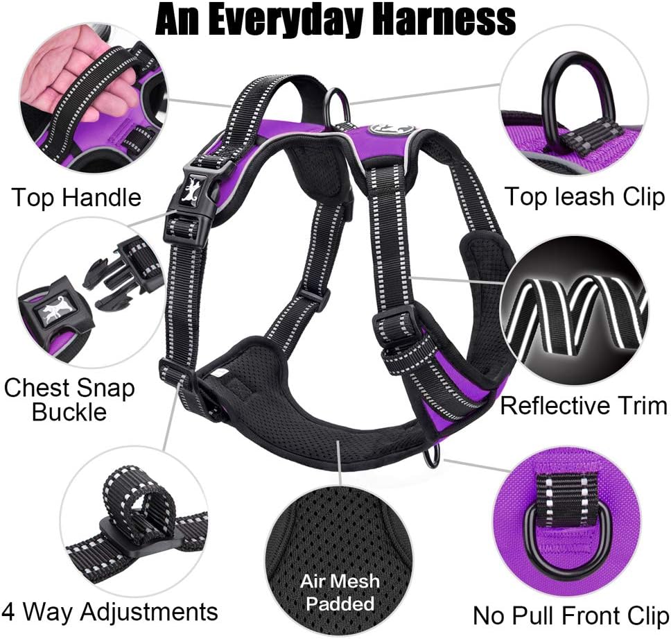 PoyPet No Pull Dog Harness, Reflective Comfortable Vest Harness with Front & Back 2 Leash Attachments and Easy Control Handle Adjustable Soft Padded Pet Vest for Small to Large Dogs (Purple,XS)