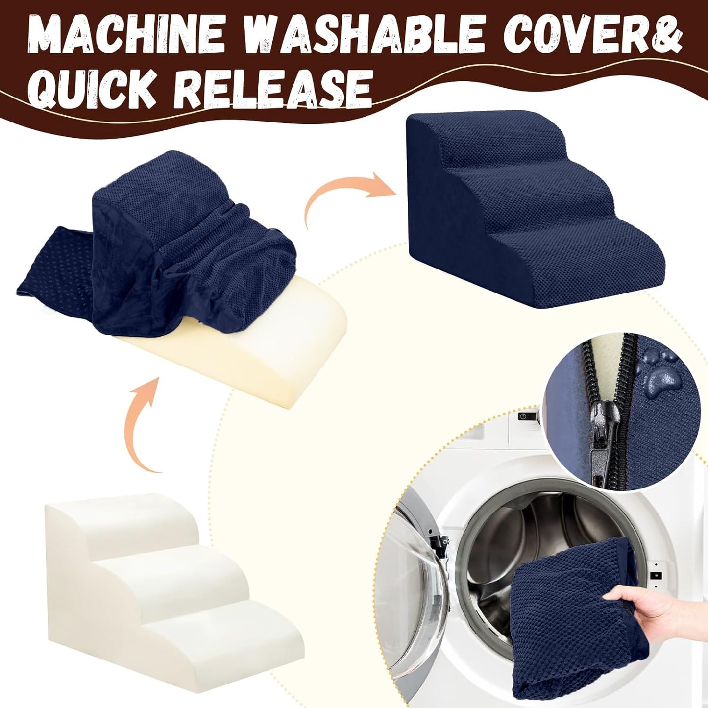 Dog Stairs for Small Dogs - High Density Foam Pet Steps, Extra Wide Dog Ramp with Non-Slip Bottom for High Beds, Couch and Sofa, Best for Dogs Injured, Older Doggy Cats, 3 Steps, Navy