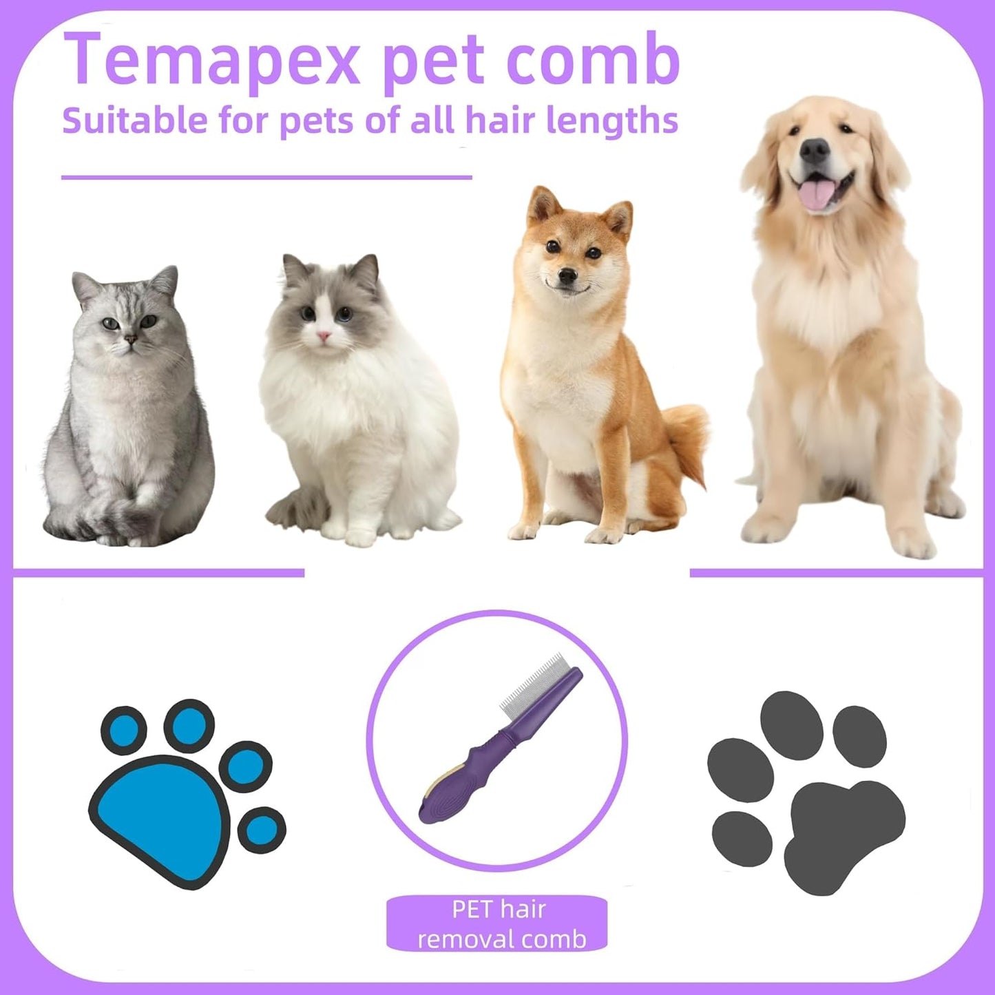 Pet Comb for Dogs & Cats with Long & Short Stainless Steel Metal Teeth For Shedding and Tangles, Non-Slip & Anti-Static Rubber Handle, Safe & Gentle Pet Grooming Comb