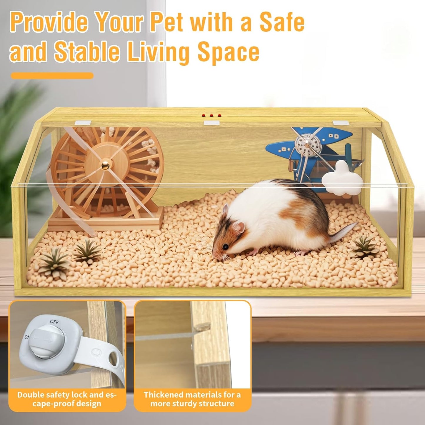 Large Hamster Cage, Chewproof Large Hamster Habitats, Wooden Guinea Pig Cages, Openable Top Roof, Lockable Gerbil Cage, Small Animal Cage for Dwarf, Syrian, 40" L x 16" W x 16" H