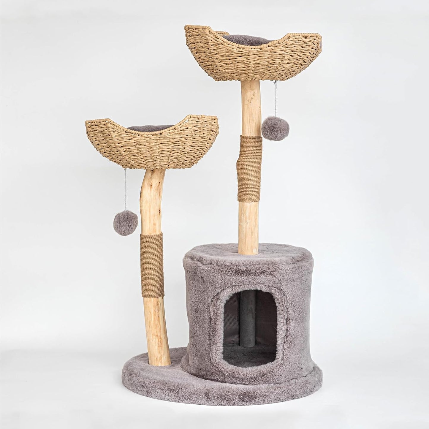 Cat Tree Tower, 46 inch Modern Cat Tree for Indoor Cats Large Adult, Luxury Cat Condo with Scratching Post, Real Solid Wood Branch Indoor Boho Furniture, Climbing Tower, Gray