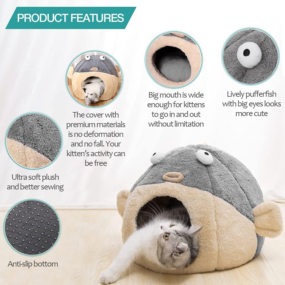 Cat Beds for Indoor Cats - Cat Bed Cave with Removable Washable Cushioned Pillow,2 in 1 Super Soft Animal-Shape Cat Tent for Kitten and Small cat, Lively Pufferfish cat beds & Furniture, Grey(M)