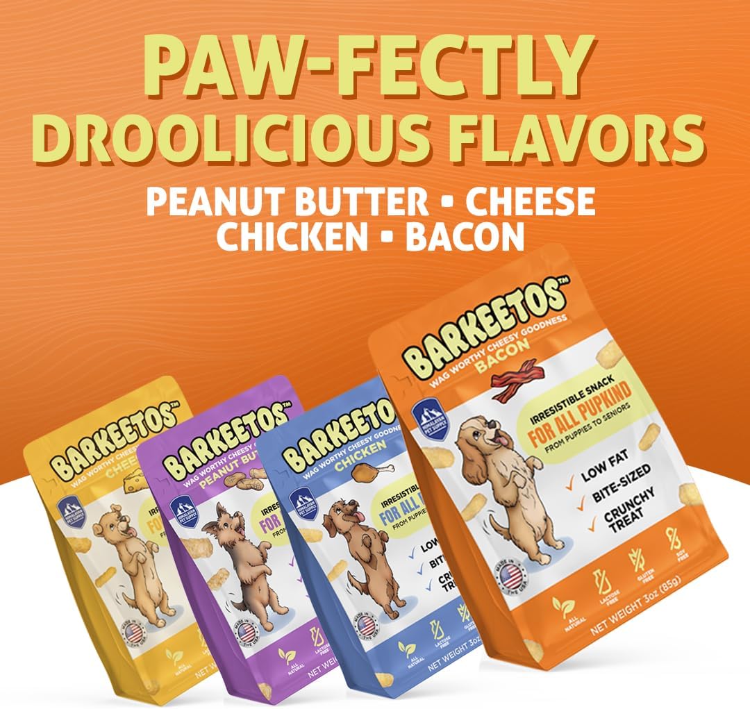 Barkeetos Dog Treats, Crunchy and Cheesy Pet Snacks Made with Real Himalayan Cheese and Bacon, Gluten Free, Grain Free, Lactose Free, Natural Dog Food for All Breeds and Sizes
