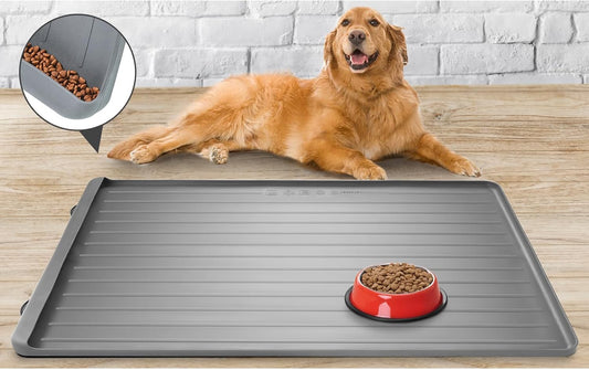 Dog Mat for Food and Water - 39.4" x 27" Large Pet Feeding Mats with Residue Collection Pocket - Waterproof Dog Cat Bowl Mat with High Edges to Prevent Water and Food Spills (Light Grey)
