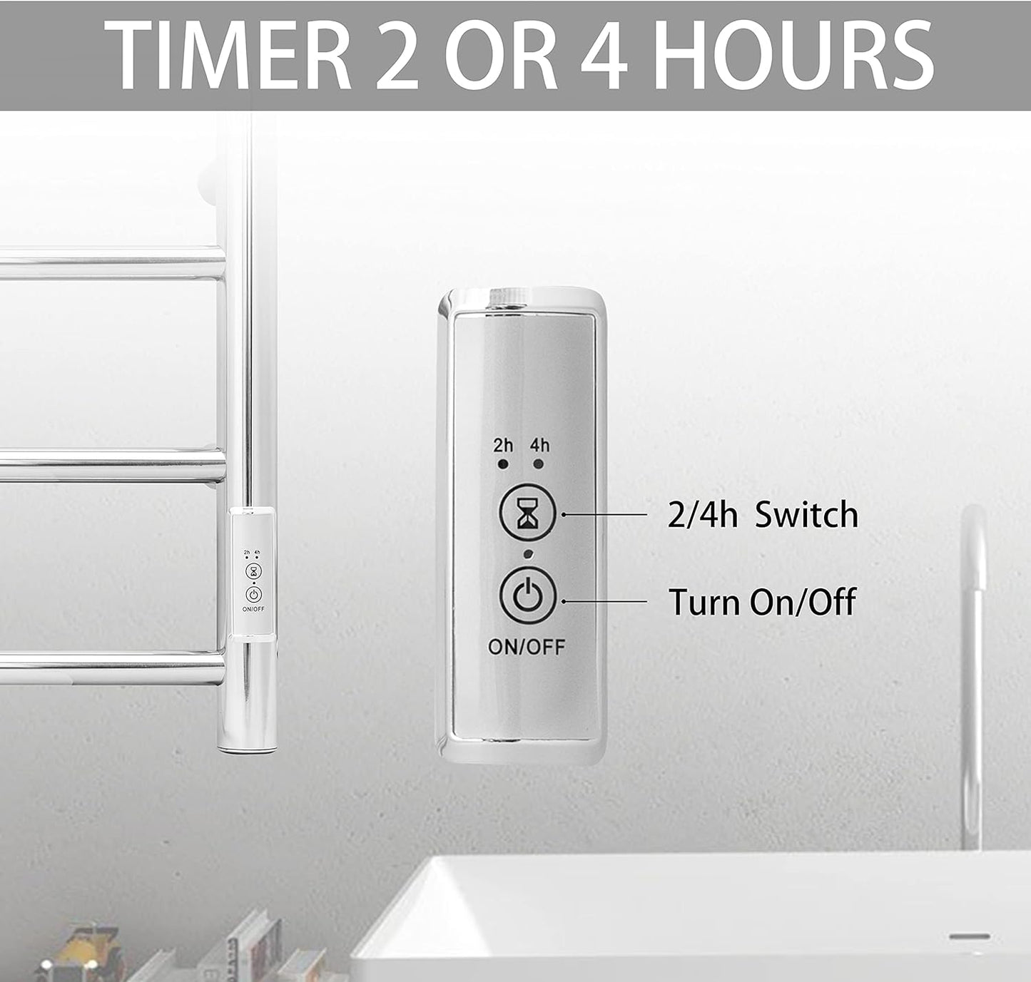 KEG Towel Warmer Wall Mounted with Built-in Timer 4 Bars Electric Stainless Steel Heated Towel Racks for Bathroom, Hot Plug-in Bath Towel Heater Polish Chrome