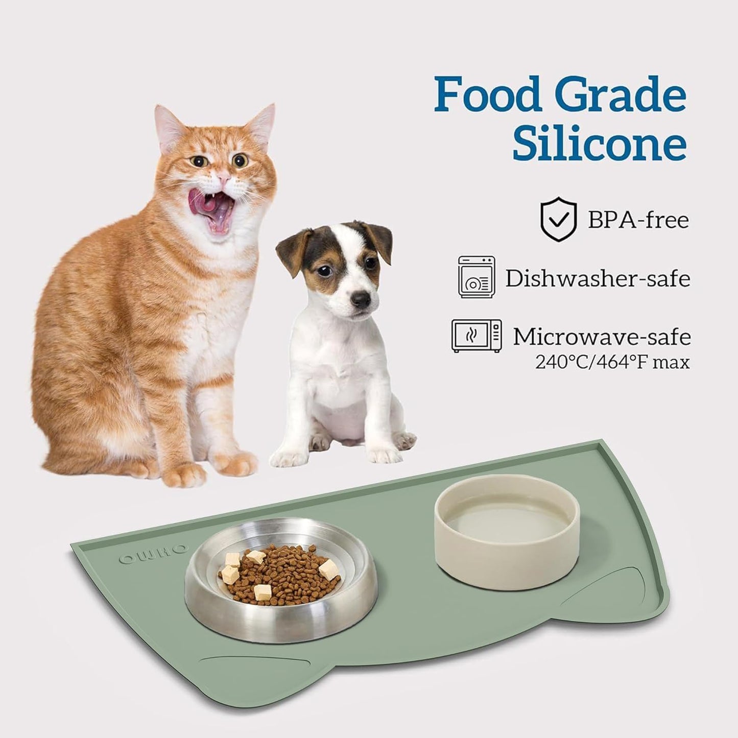 OHMO - Cat Food Mat, Silicone Pet Feeding Mat for Floor Non-Skid Waterproof Dog Water Bowl Tray, Easy to Clean Pet Placemat (Sage Green, 18 * 9.8'')