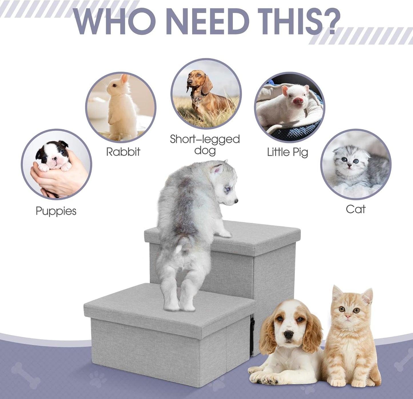 Heeyoo Dog Stairs with Storage, Foldable Dog Steps for Small Dogs, 2 Tiers Non-Slip Pet Stairs for High Beds Or Couch and Sofa, Hold up to 150 lbs Pet Doggy Cat