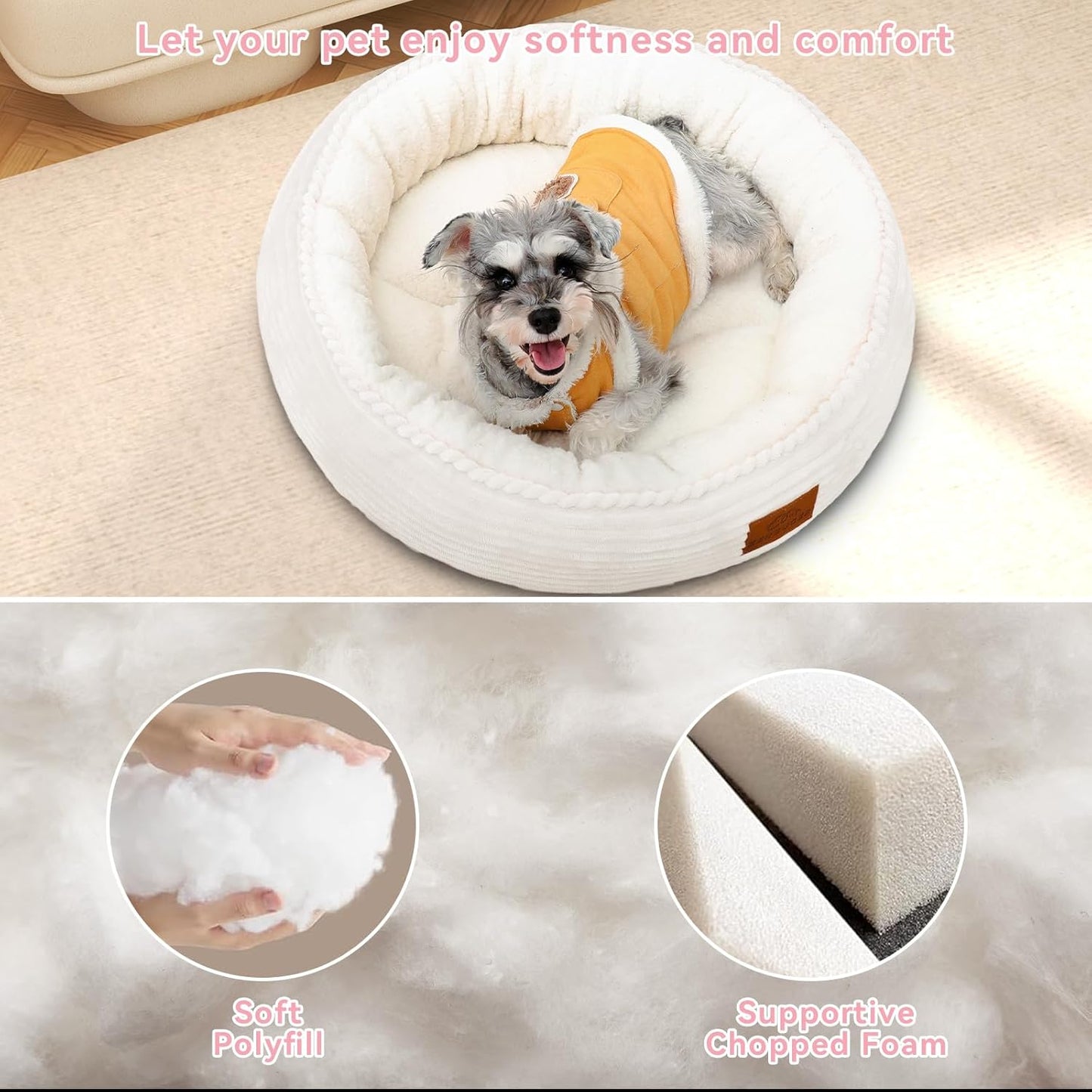 30in Round Dog Bed Sofa for Small/Medium/Large Dogs, Machine Washable Supportive Foam Pet Couch with Washable Removable Mat and Non-Slip Bottom, Pet Cuddler for Indoor/Outdoor/Car/Cage, Cream