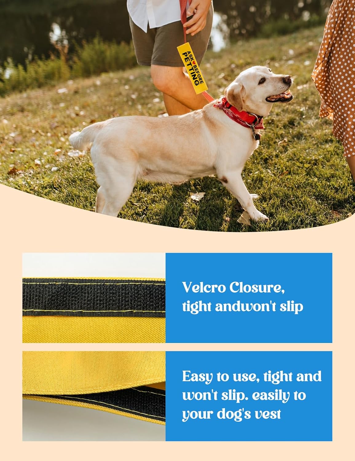 Ask Before Petting Dog Leash Sleeve, Funny Yellow Dog Leash Wrap Alert Hanging ID Patch Tag, Do Not Pet Velcro Patch Service Dog Leash Sleeve Pet Birthday Gifts for Dog Owners